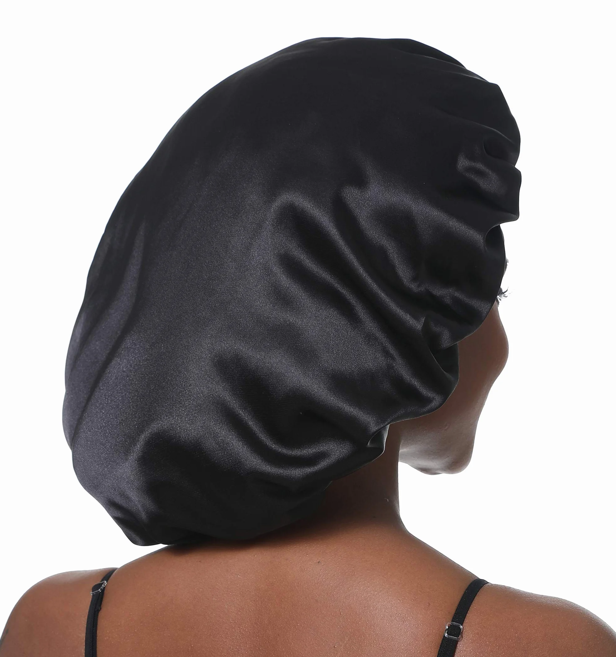 Bonnet de Nuit en Satin élastique à Large bande pour Femme Cheveux Longs Bouclés (L, Noir)