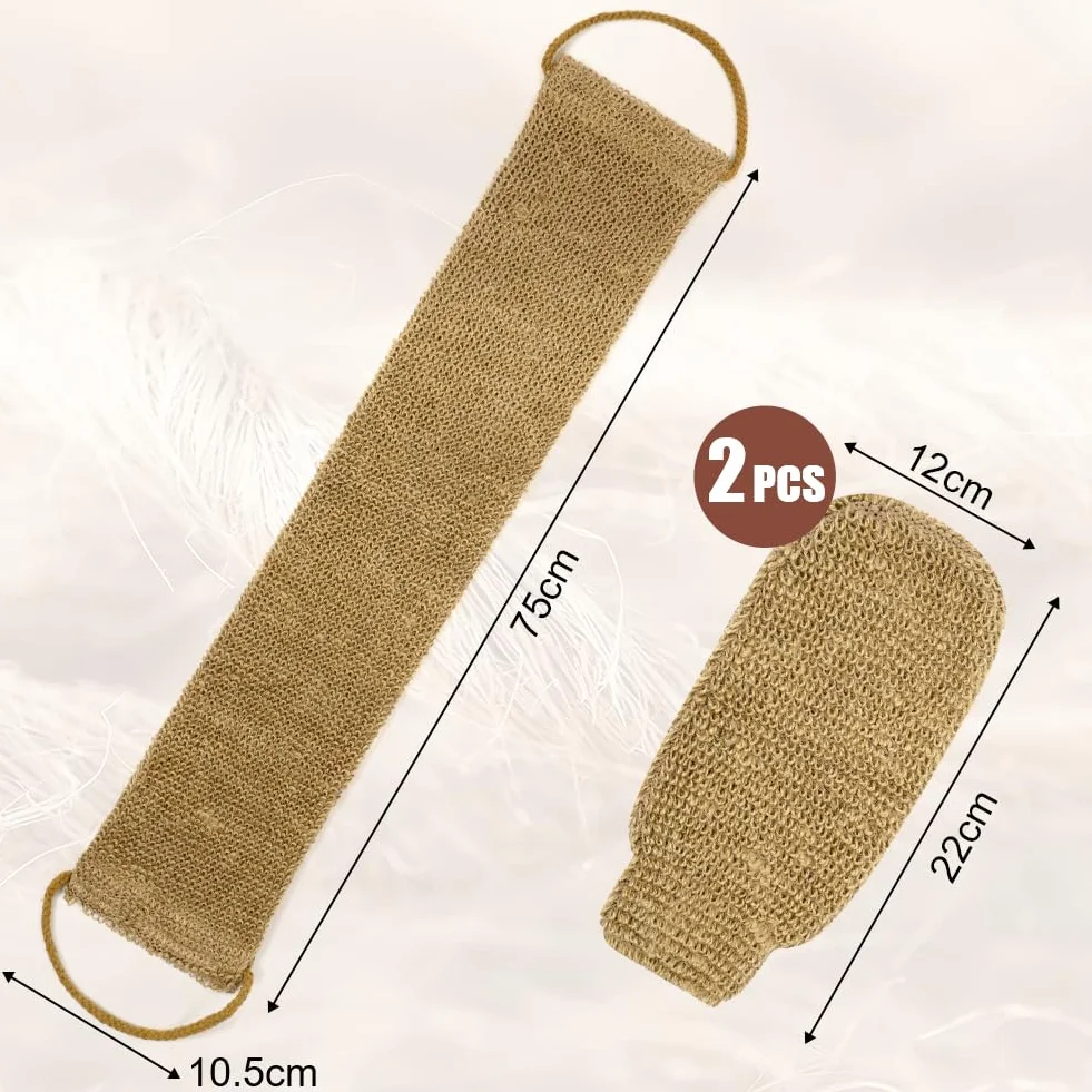 Ensemble de Gommage Dorsal en Jute avec Gants Exfoliants, Serviette Extra Longue et Sangle Naturelle
