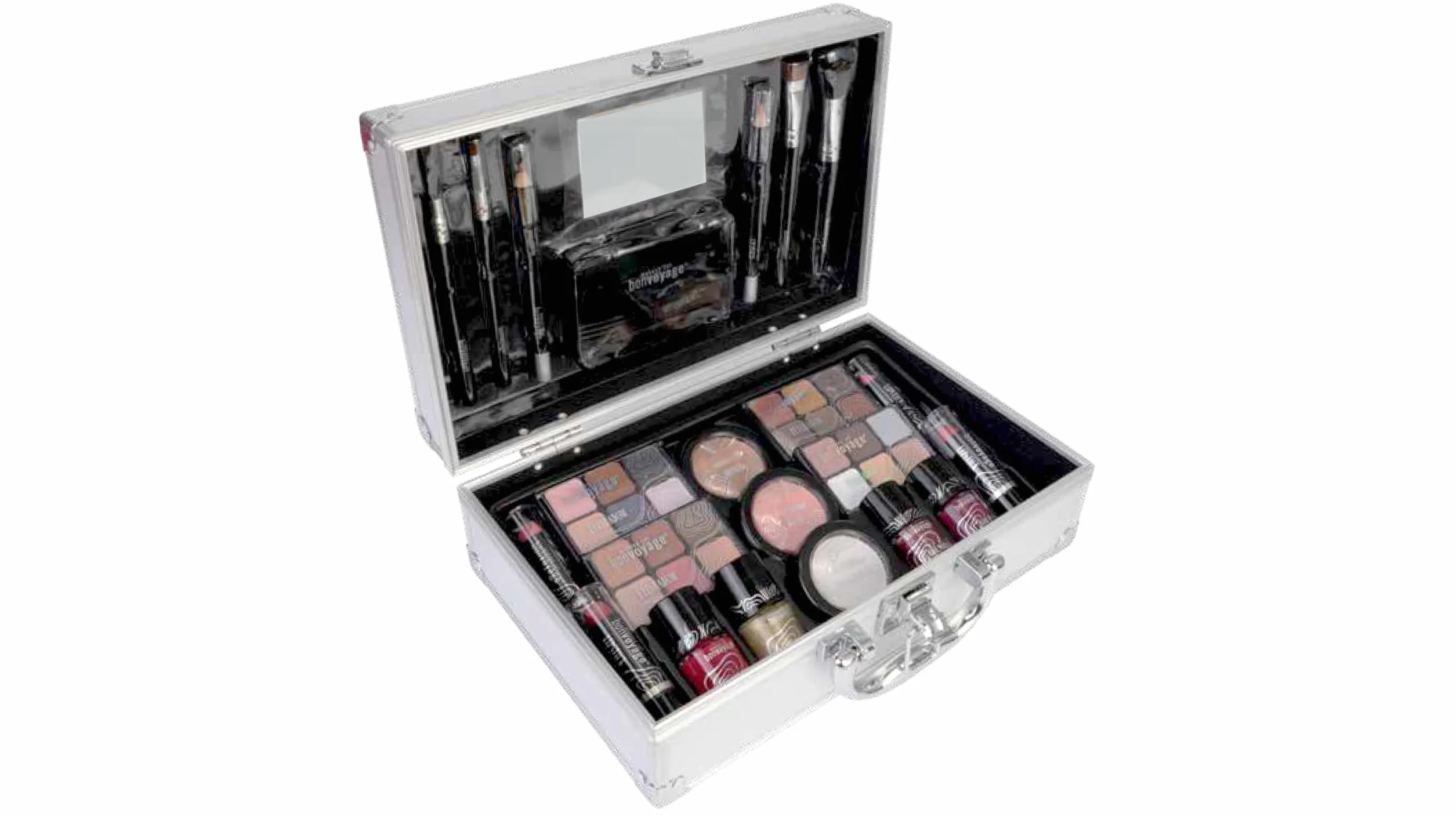 Coffret Maquillage Femme Bon Voyage avec Rouge à Lèvres, Ombres, Blush, Vernis, Miroir, Mallette Métallique Portable