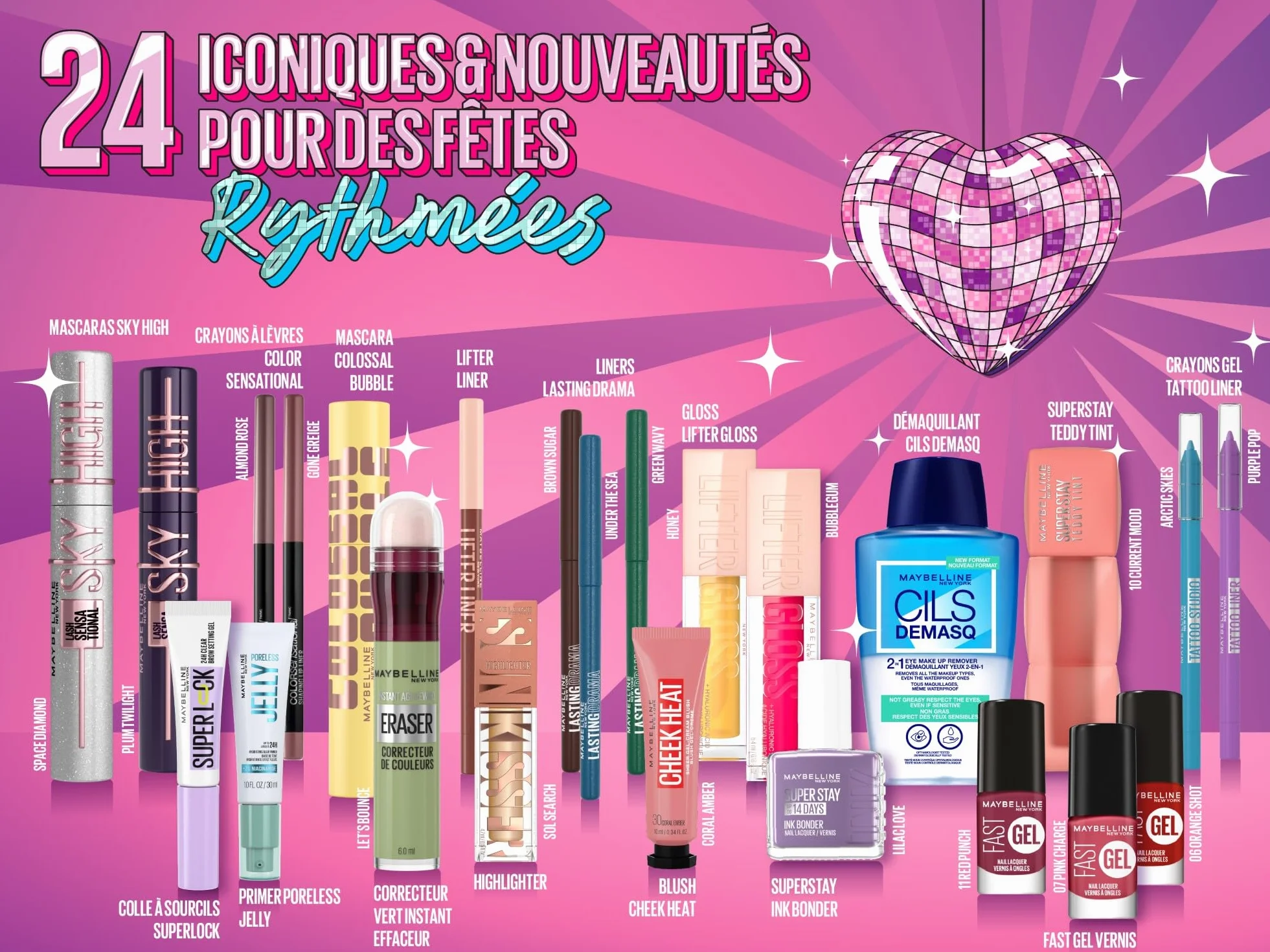 Maybelline New York Calendrier de l'Avent 2025 Coffret 24 Produits de Maquillage Teint Regard Lèvres Ongles