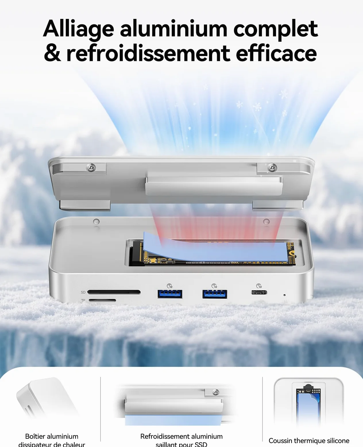 ORICO Hub USB C 7 en 1 avec boîtier SSD M.2 NVMe de 8 to, Station d'accueil avec Ports USB-C et USB-A 10 Gbit/s, 2 Ports USB-A 5 Gbit/s, 3.0 SD/TF, 100 W PD, Gigabit Ethernet, Station d'accueil