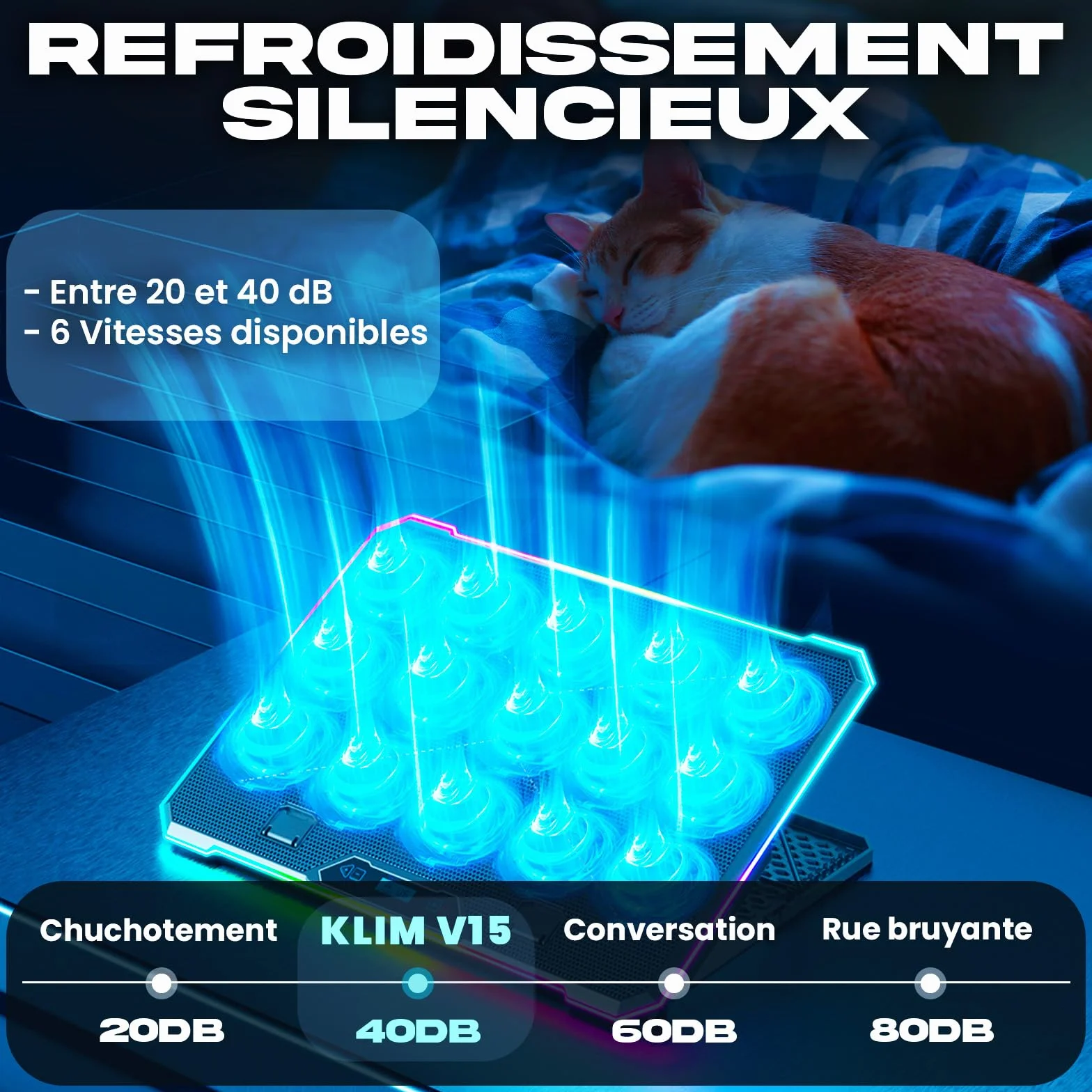 KLIM V15 Refroidisseur PC Portable 15 Ventilateurs RGB Support Gaming 10-17 Pouces 2 Ports USB