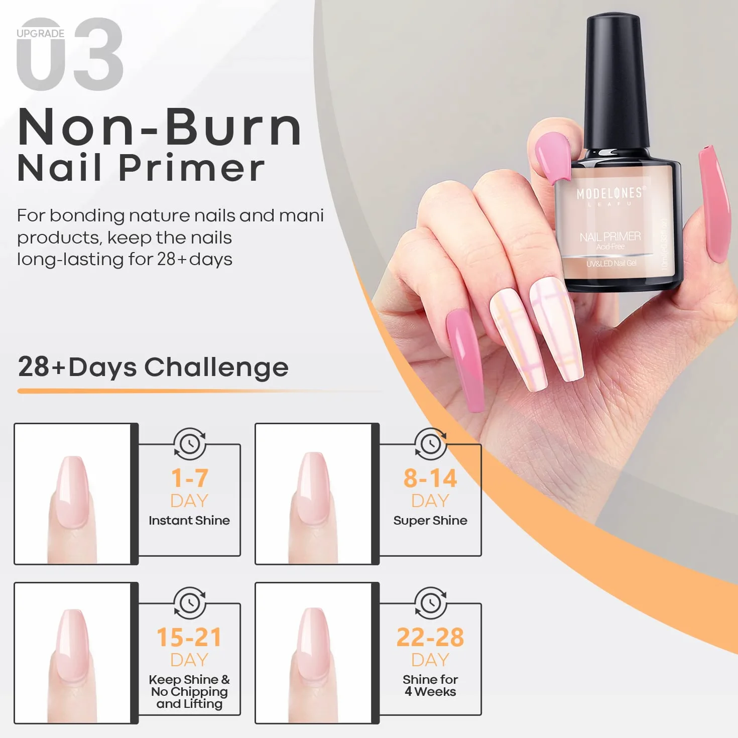 Modelones Base et Top Coat Vernis Semi Permanent No Wipe avec Primer Ongle Gel Nail Prep Kit Manucure UV Complet 10ML