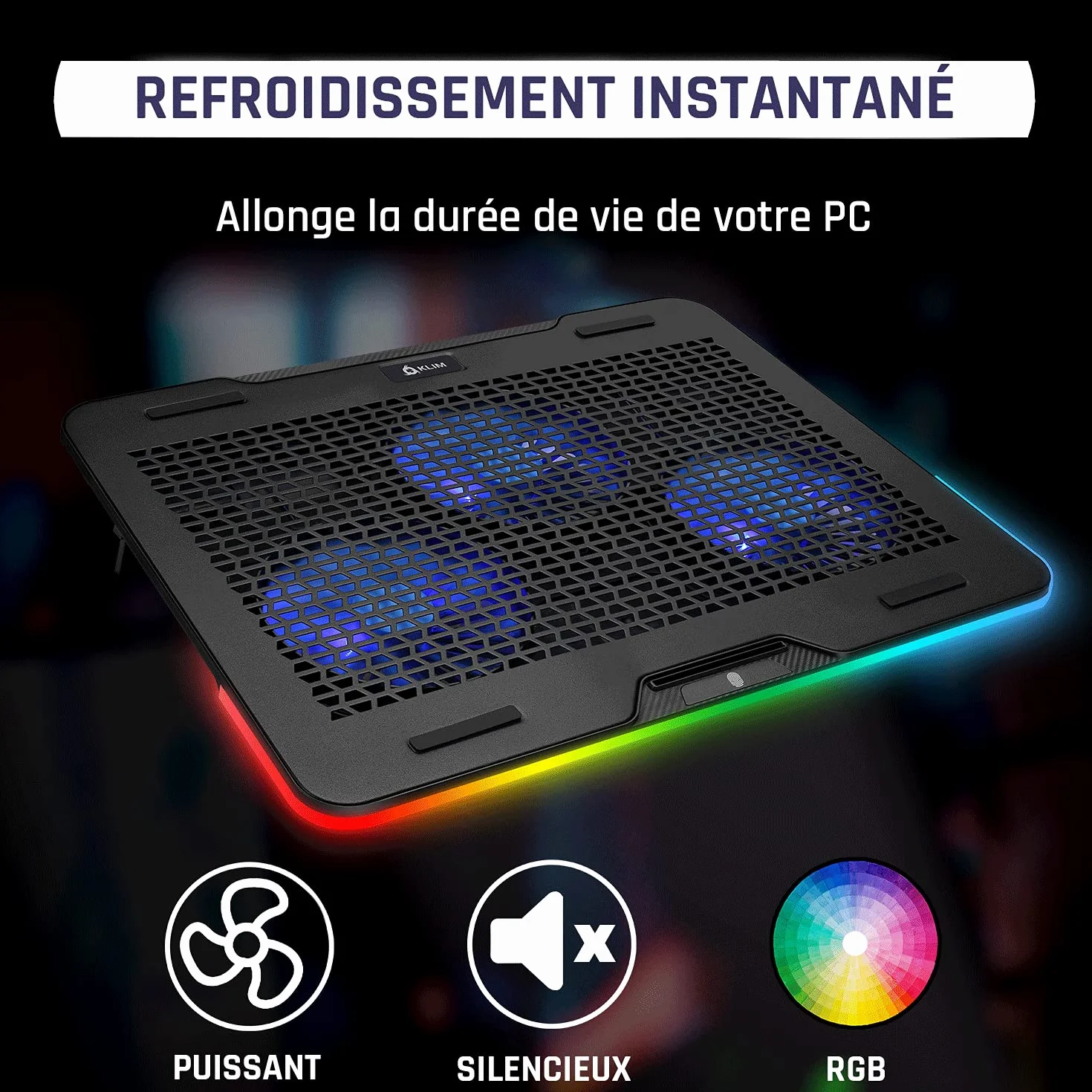 KLIM Aurora Refroidisseur PC Portable 11"-17" RGB Ventilateur USB Support Gaming pour Mac PS4