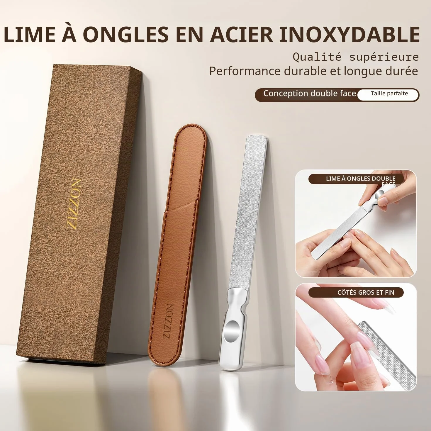 Lime à ongles professionnelle en acier inoxydable double face réutilisable