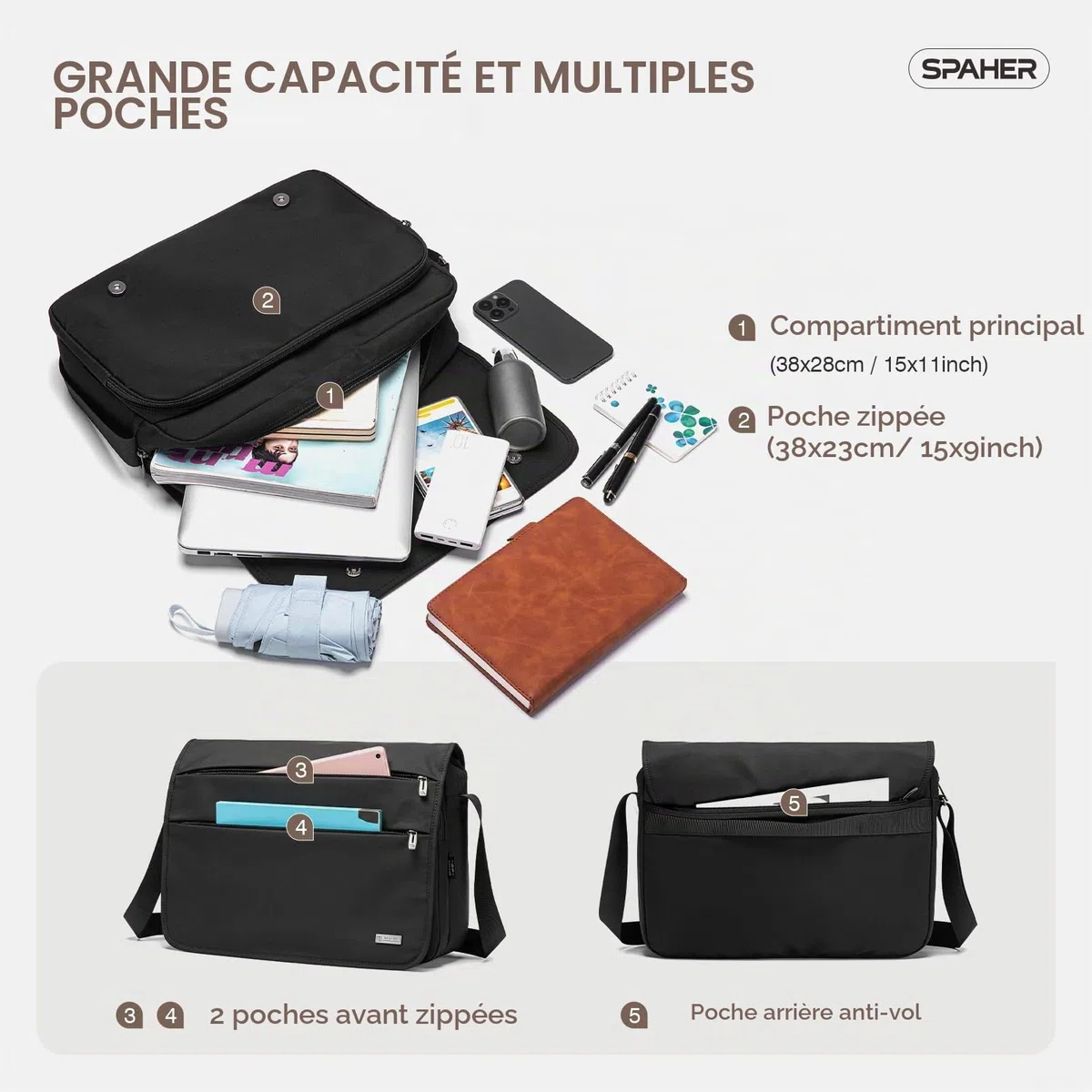 SPAHER Grand 14 Pouces Porte-Documents pour Ordinateur Portable Sac à Bandoulière pour Hommes Travail Messager Bureau d'affaires Sac à Bandoulière étanche Cadeau de Voyage pour Ordinateur Portable