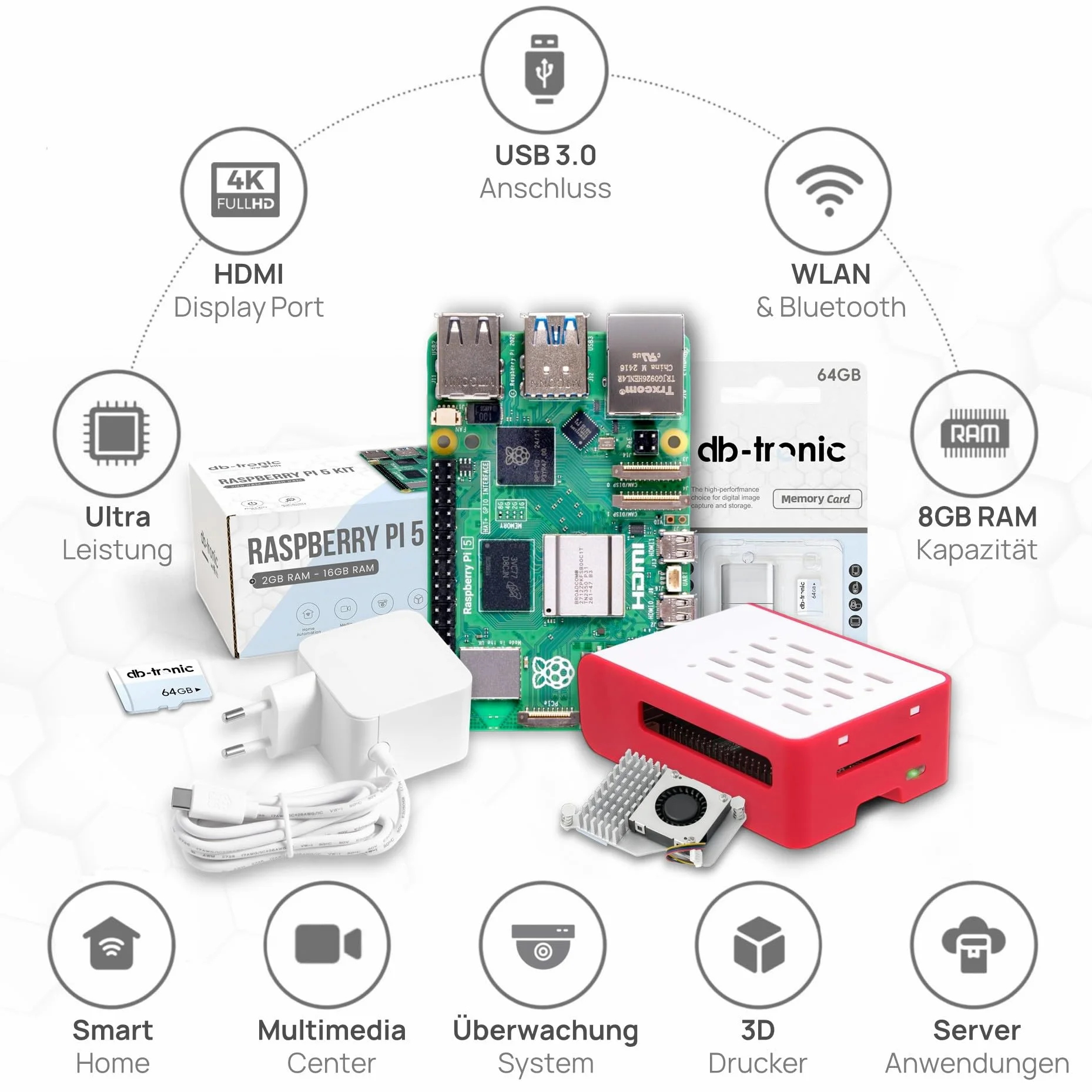 db-tronic Starter Kit pour Raspberry Pi 5 8 Go | Édition 64 Go | Alimentation 27 W | Boîtier Airflow | Refroidissement Actif | Micro HDMI 4K | idéal pour Home Assistant et Le Smart Home