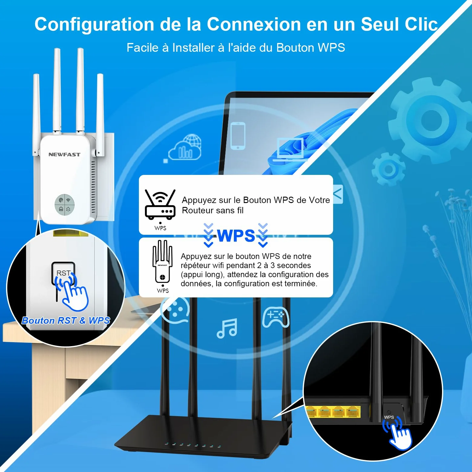 NEWFAST Répéteur WiFi Puissant sans Fil RE523-W, 1200Mbps Repetiteur WiFi | Double Bande 5GHz & 2.4GHz Amplificateur WiFi avec Répéteur/AP/Routeur Mode, Compatible Toutes Les Boîtes Internet