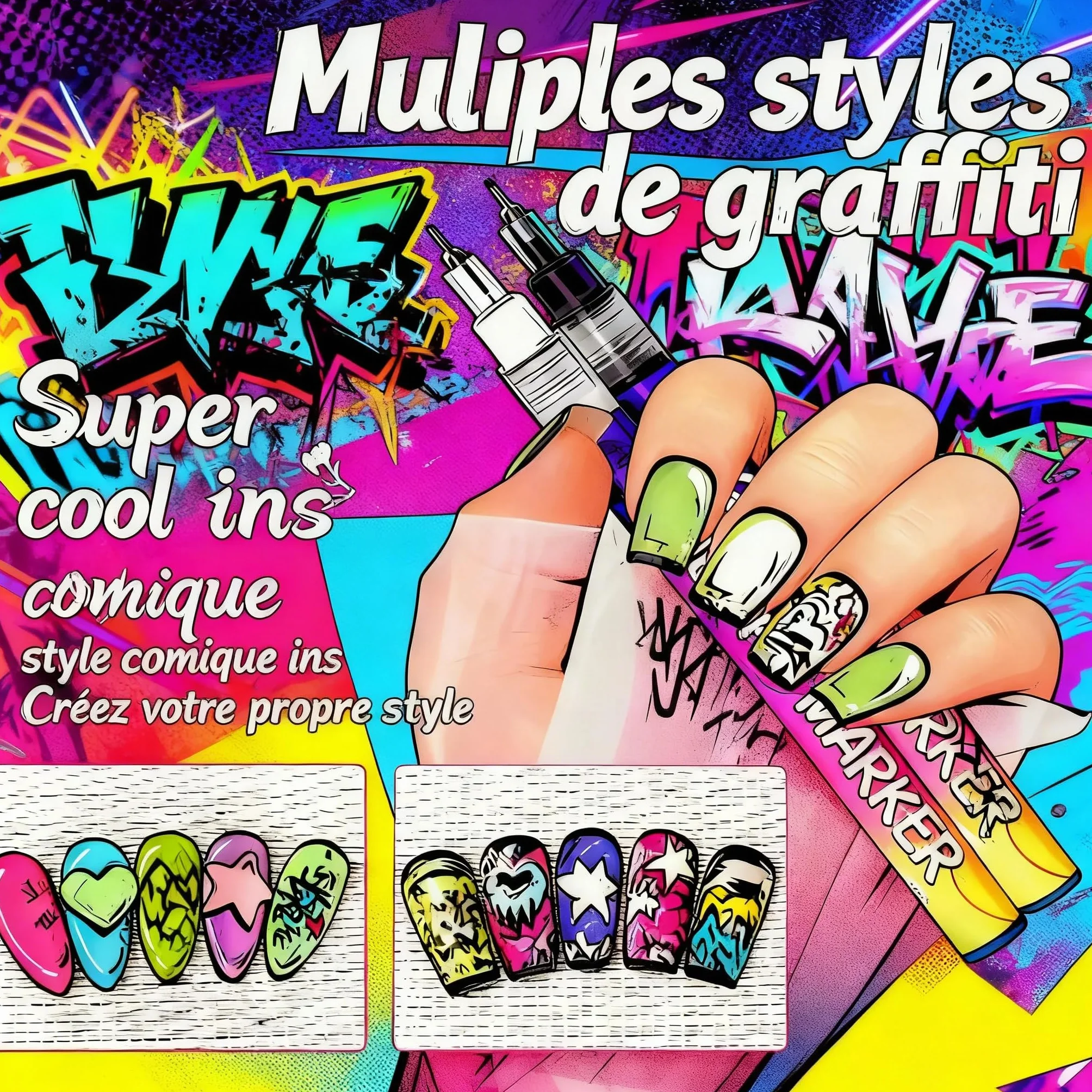 Kit de 12 Feutres Vernis à Ongles Stylo 3D Nail Art Professionnel Pointe Métallique Fine 0.5mm