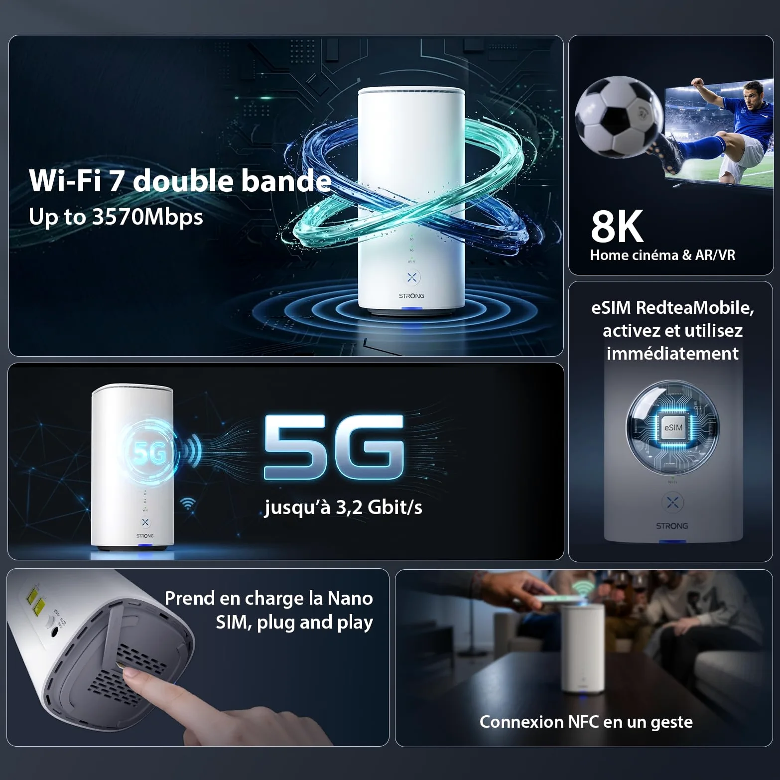 Strong Routeur 5G avec Carte SIM, Routeur WiFi 7 BE3600 Double Bande, Modem 5G jusqu'à 3,2 Gbps, Gigabit LAN/WAN, WAN Backup, NFC One-Touch, Streaming 8K, pour Maison et Bureau | Modem 5G jusqu'à 3,2 Gbps, Gigabit LAN/WAN, WAN Backup, NFC One-Touch, Strea