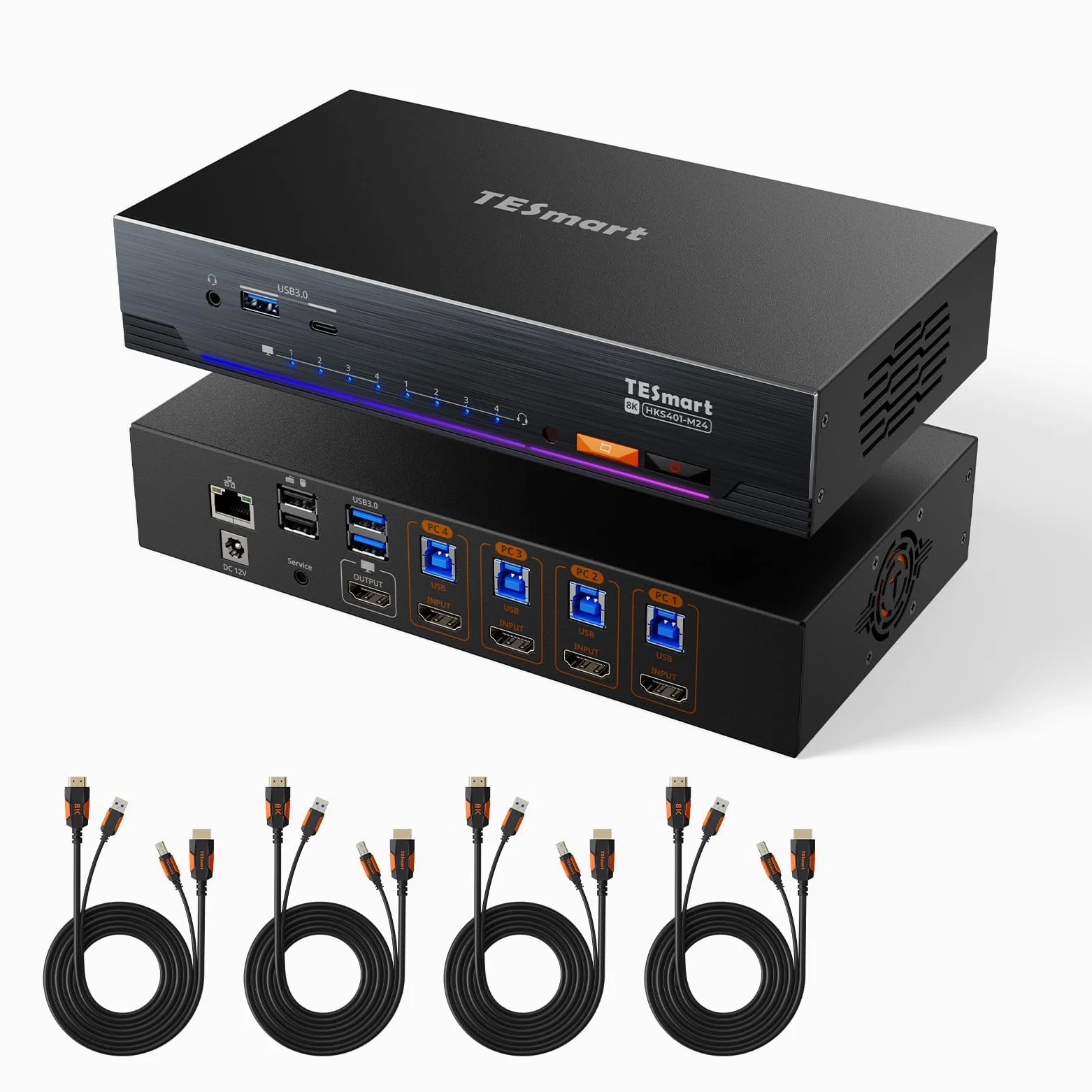 TESmart 8K@60Hz HDMI Commutateur KVM 1 moniteur 4 ordinateurs, 4K@144Hz KVM Switch 4 ports avec émulateur EDID, USB 3.0 et casque, raccourcis clavier personnalisés, réseau Gigabit et 4 câbles PC