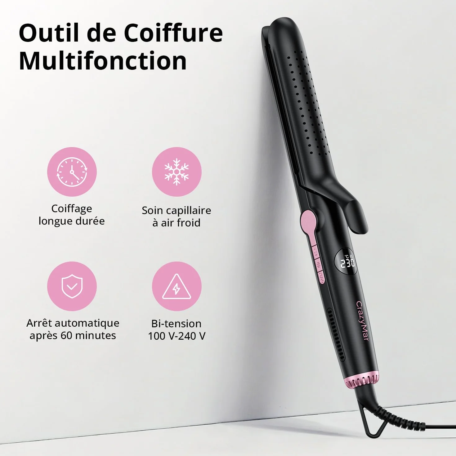 CrazyMar Lisseur à Air Froid 2-en-1 9 Températures 110-230°C Boucleur Ionique Cheveux Bouclés Lisses Noir