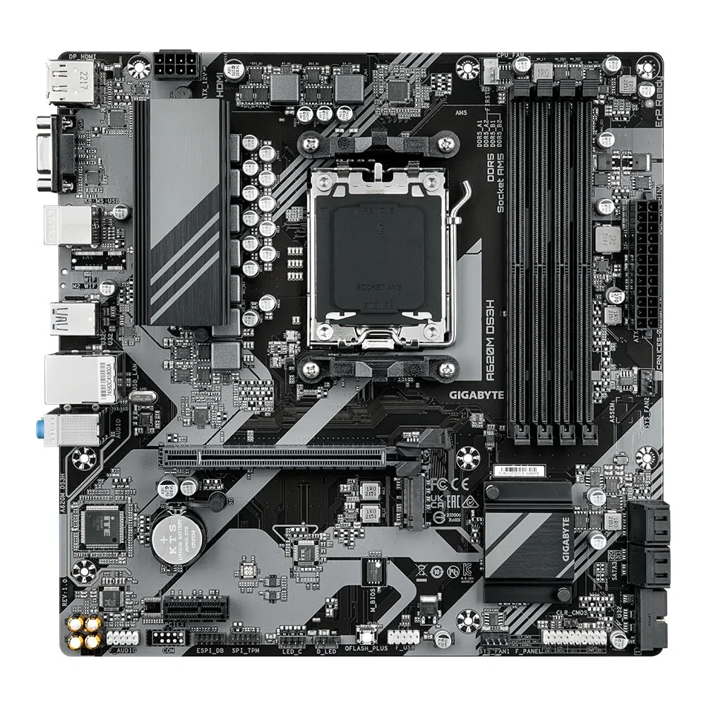 GIGABYTE A620M DS3H Carte Mère - Prend en Charge Les processeurs AMD Ryzen 8000, VRM numérique 5+2+2 Phases, jusqu'à 7600MHz DDR5 (OC), 1xPCIe 4.0 M.2, LAN GbE, USB 3.2 Gen 1