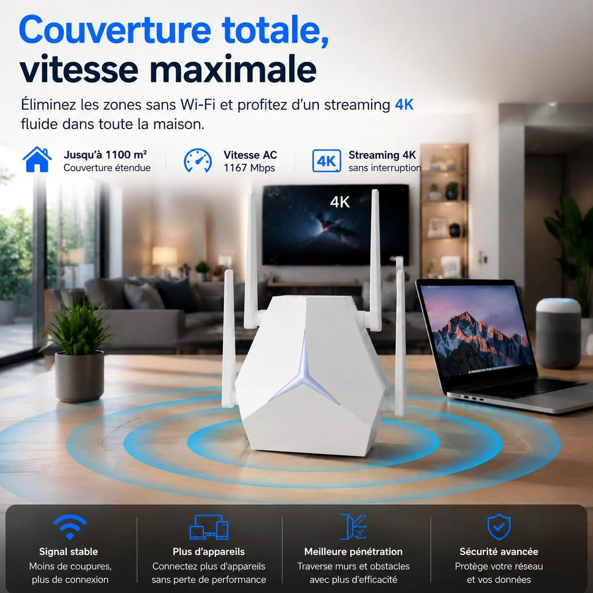 Répéteur WiFi 1167 Mbps Double Bande, Amplificateur de Signal WiFi Longue Portée 3 en 1 Répéteur/AP/Routeur, 2 Ports Ethernet, Indicateur LED et Alimentation Type-C