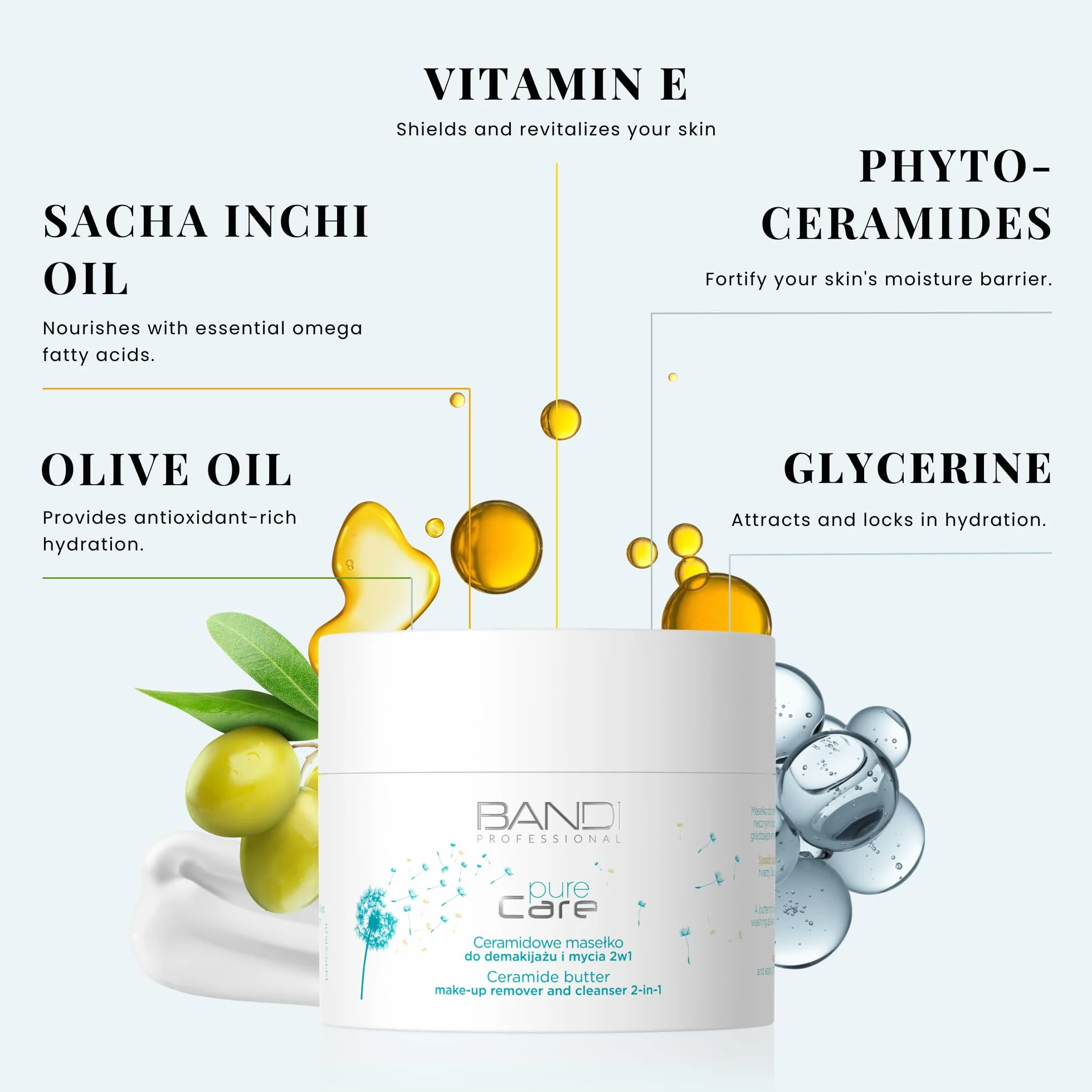 Bandi Beurre Nettoyant Visage 2-en-1 Démaquillant Ceramide Élimine Maquillage Écran Solaire Tous Types de Peau Phytocéramides Vitamine E