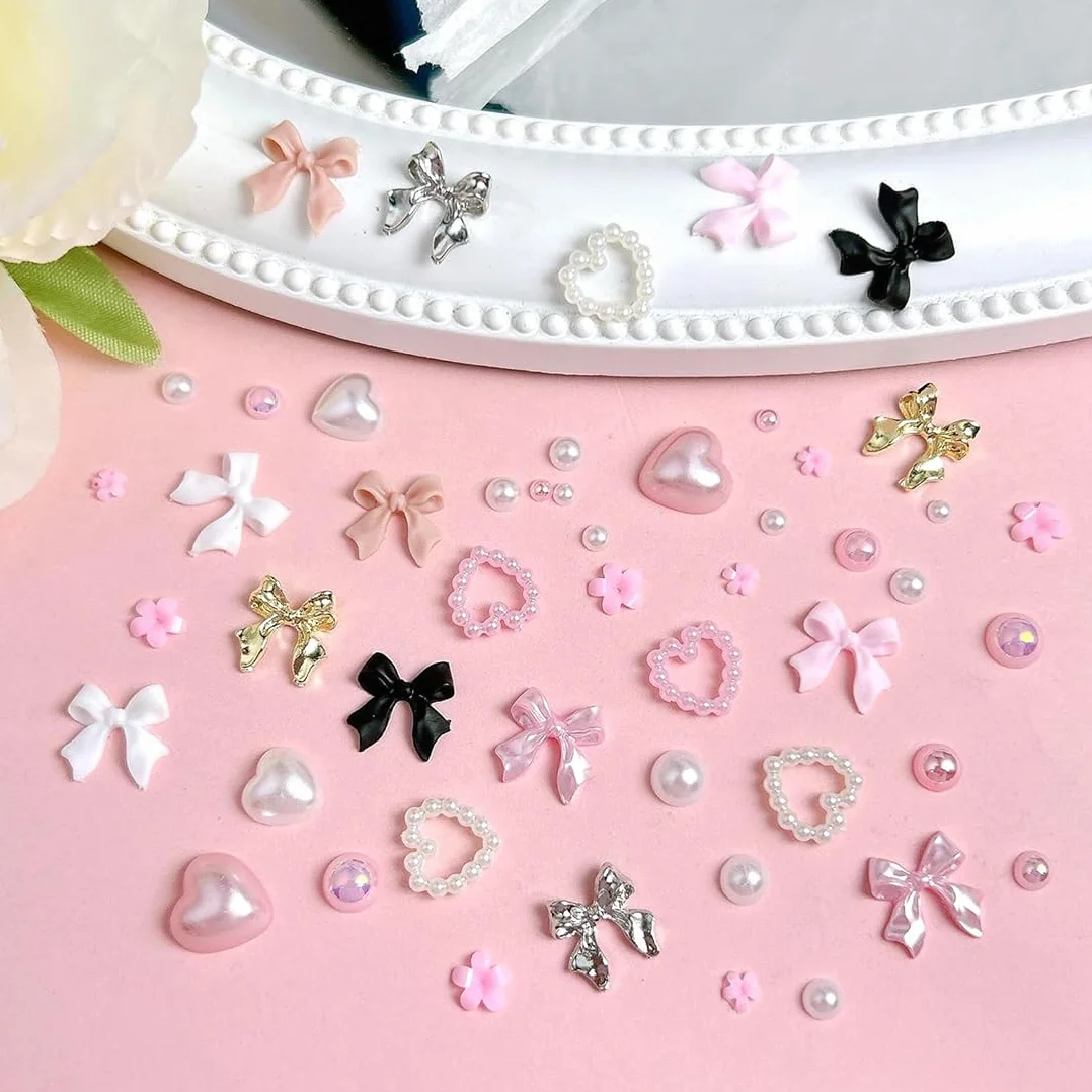 Set Charms Ongles 12 Compartiments 3D Noeud Papillon Résine Perles Cœur Fleur Crayon Cire Pince Strass
