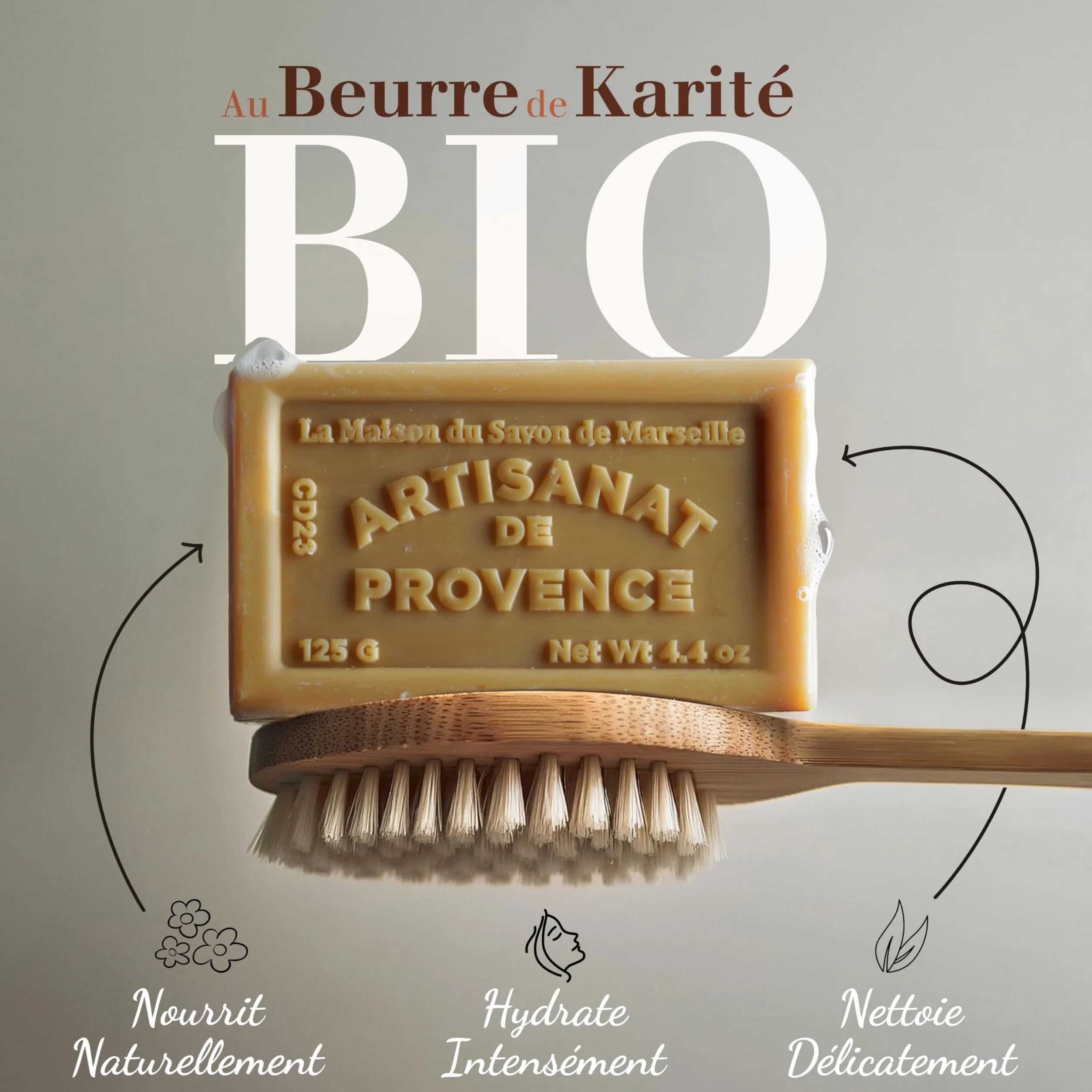 Savon Solide au Monoï Beurre de Karité Bio 97% Ingrédients Naturels Fabriqué en Provence Main Corps Hydratant 3x125g