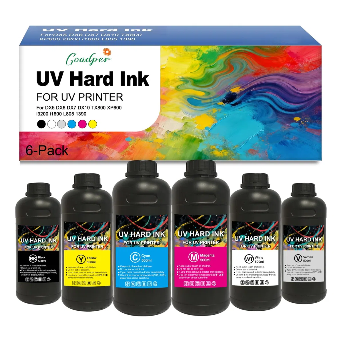 UV Hard Encre 500ml Hard UV Ink Compatible pour I3200 XP600 TX800 DX4 DX5 DX6 DX7 DX10 i1600 L805 1390 Tête d'impression pour Matériaux durs Acrylique, Bois,Verre etc（6 Pack）