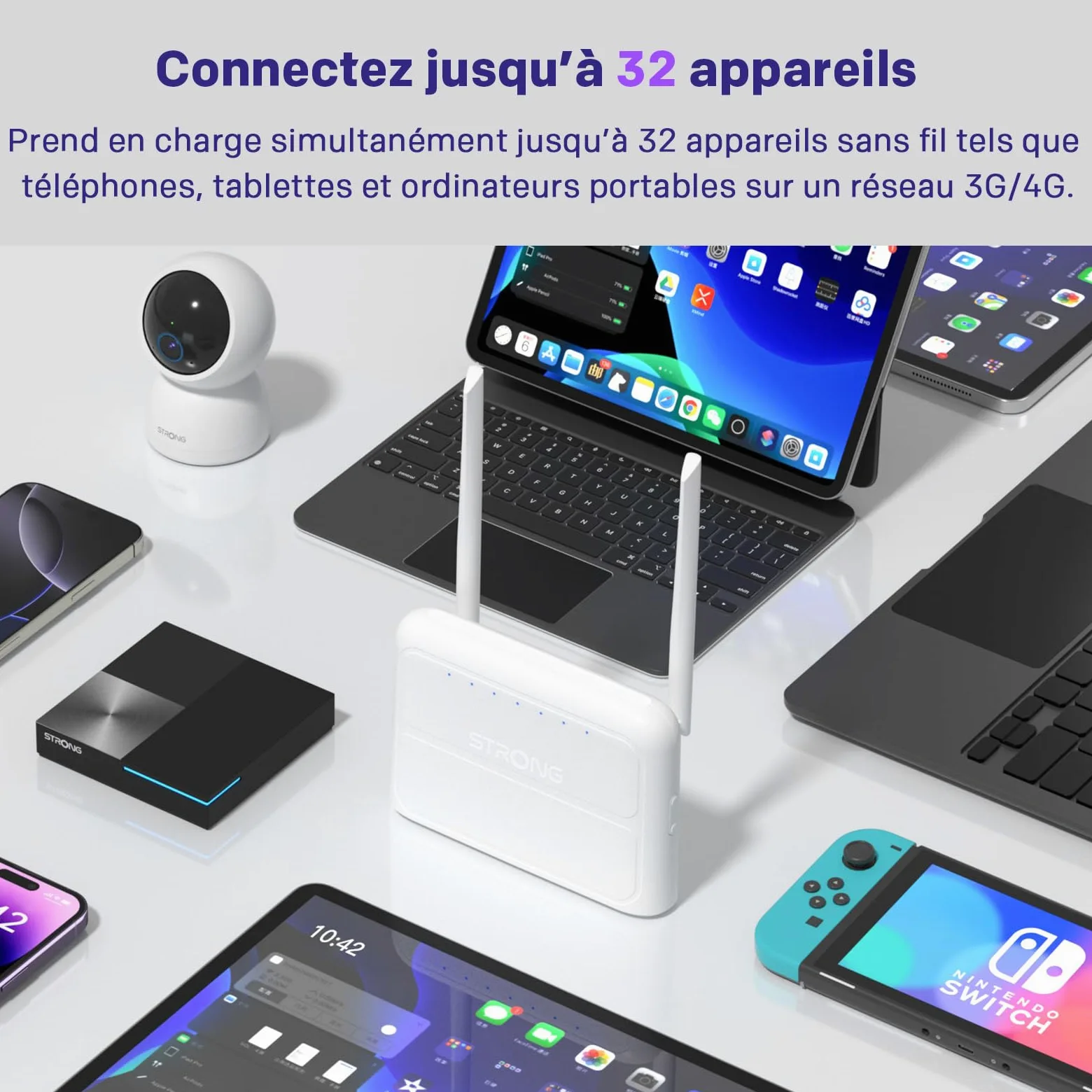STRONG Routeur 4G, Réseau LTE Cat4, Wi-FI N300 Mbps, Box 4G avec Ports WAN/LAN 100 Mbps, Antennes externes Fixes, Compatible avec Toutes Les Cartes SIM, Plug & Play, Réseau sécurisé (4GROUTER360)