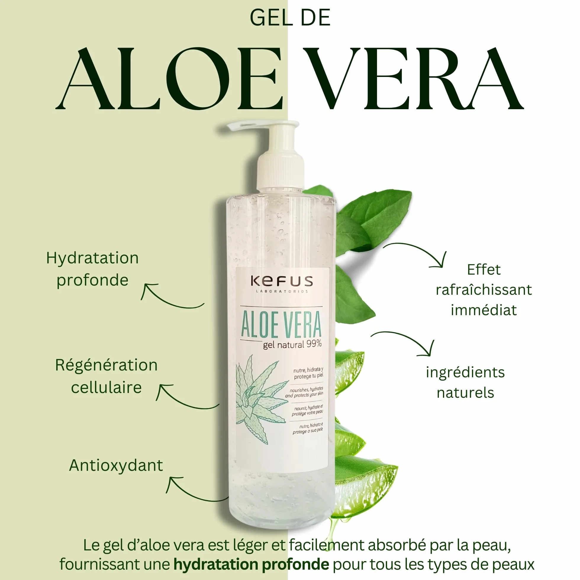 KEFUS Aloe Vera Gel Pur Naturel 500 ml Absorption Immédiate Non Grasse Nourrit Hydrate Rafraîchit Soigne Peau Après-Soleil