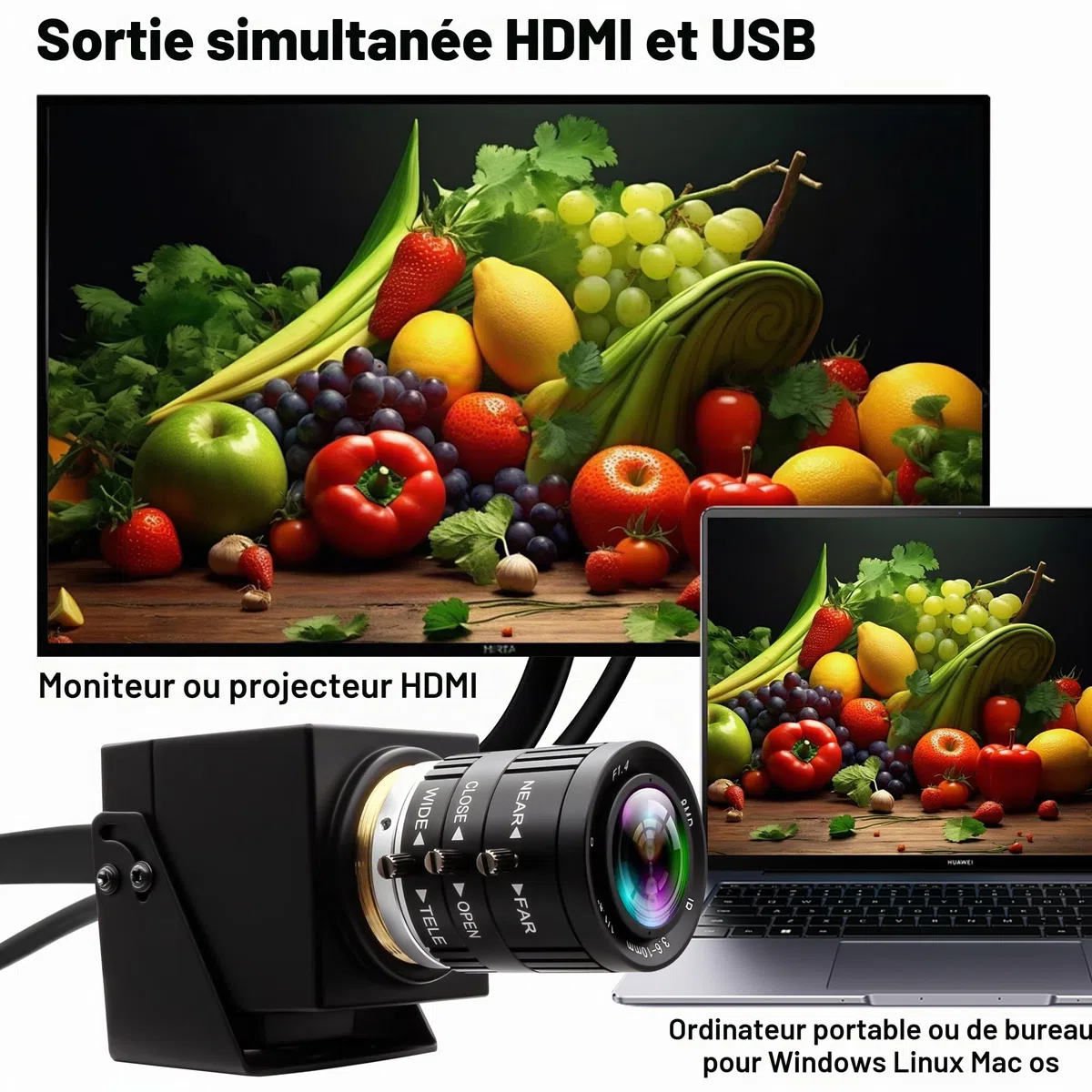 ELP Caméra USB 4K 60fps Haute Vitesse - Sortie Simultanée HDMI, Objectif Zoom Manuel 3,6-10 mm 3X pour PC, TV, Projecteur, Moniteur - Application Industrielle
