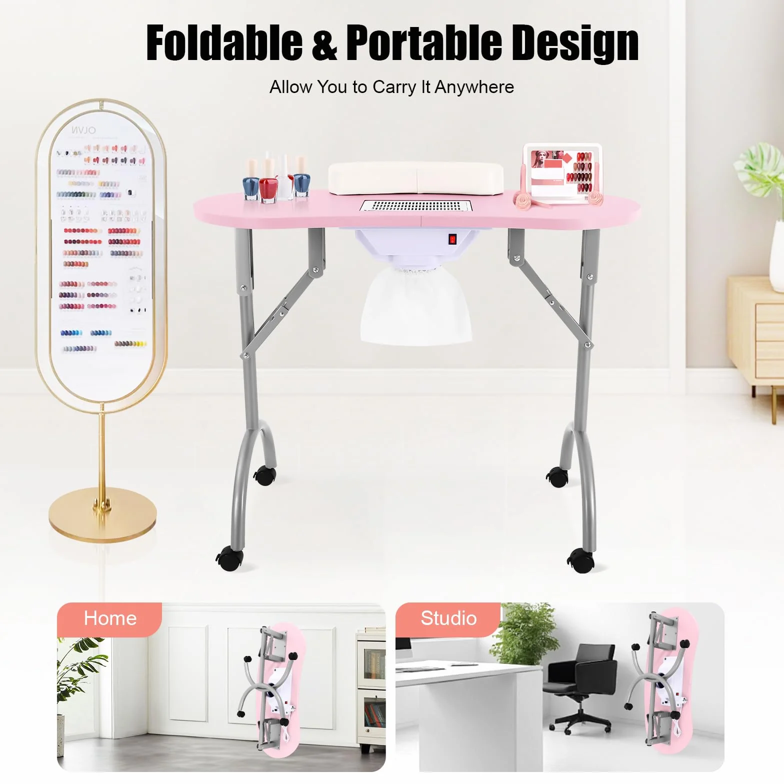 Table de manucure pliable avec roulettes, aspirateur et repose-poignet - Rose