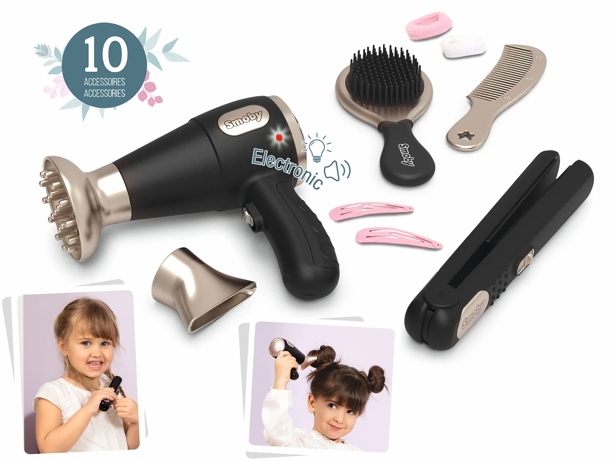 Smoby My Beauty Hair Set Set de Coiffure Enfant Lisseur et Sèche-Cheveux Factices Fonctions Électroniques