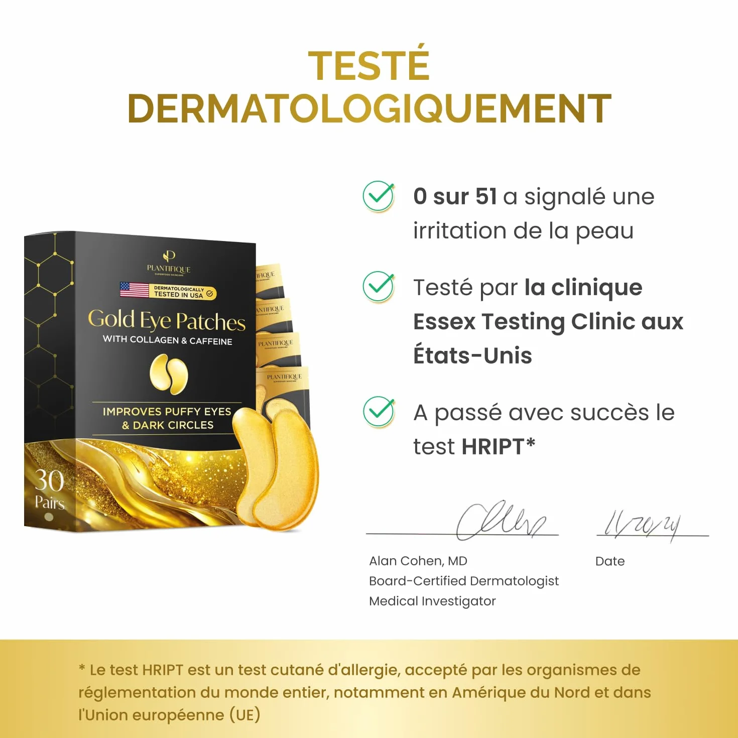PLANTIFIQUE Skincare Patch Yeux Anti Poche Cernes 24k Gold Masque Visage Collagene Hydratant Contour Yeux Anti Rides 30 Paires