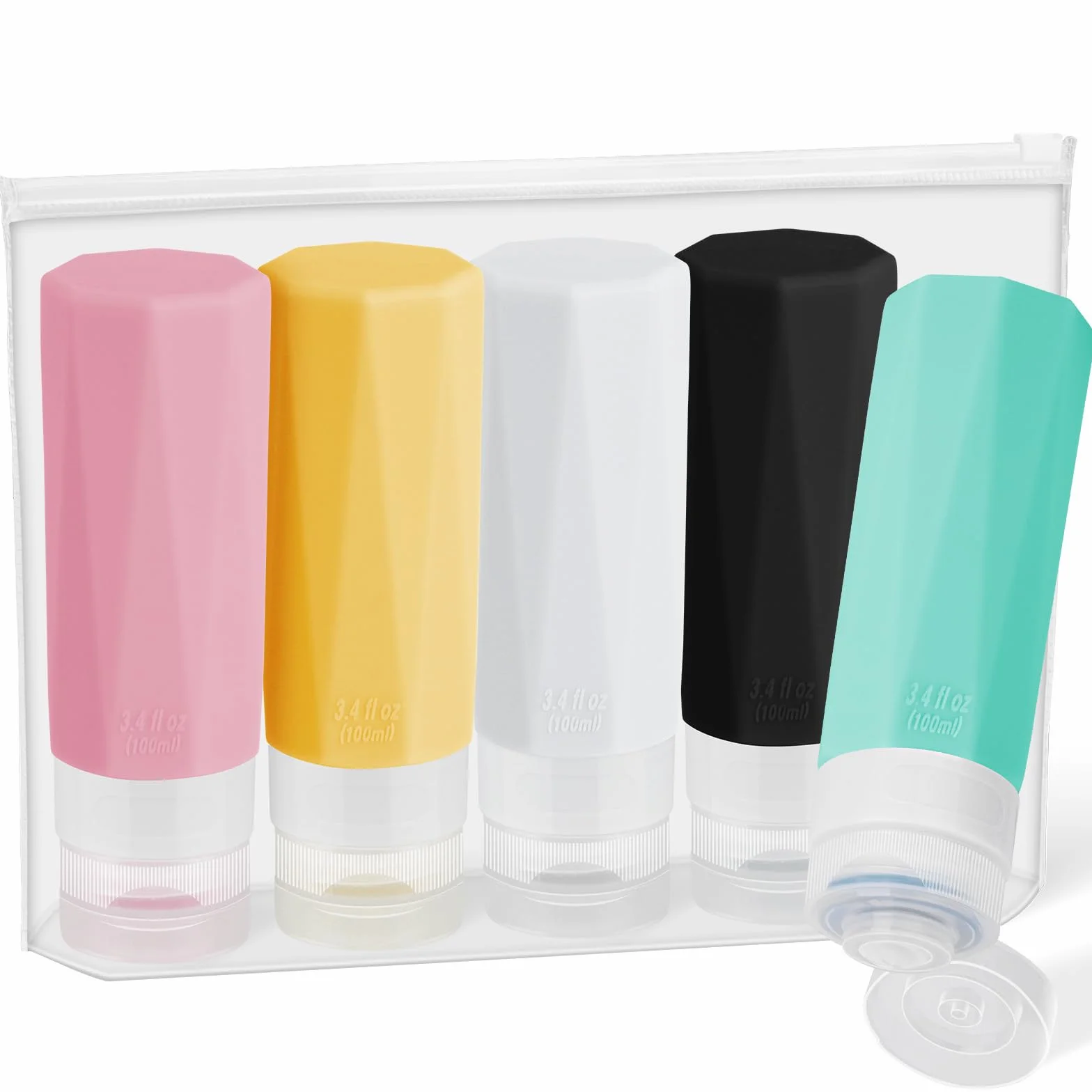 Alyvisun 5 Pièces Flacon Voyage en Silicone 100ml Anti-Fuite Rechargeable avec Sac de Rangement