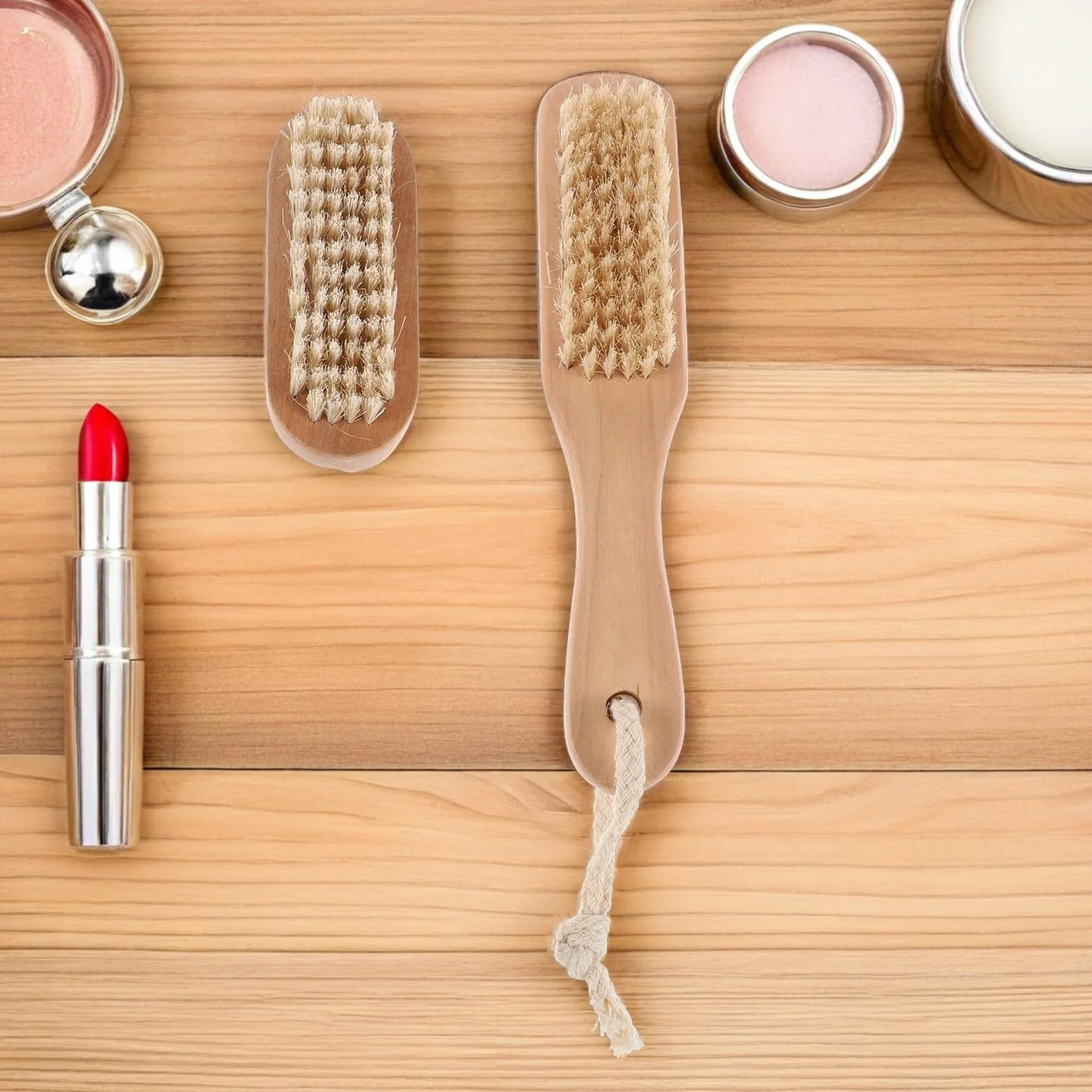 Brosse de Bain en Bois avec Pierre Ponçe Naturelle Brosse à Ongles Double Face pour Nettoyage et Exfoliation