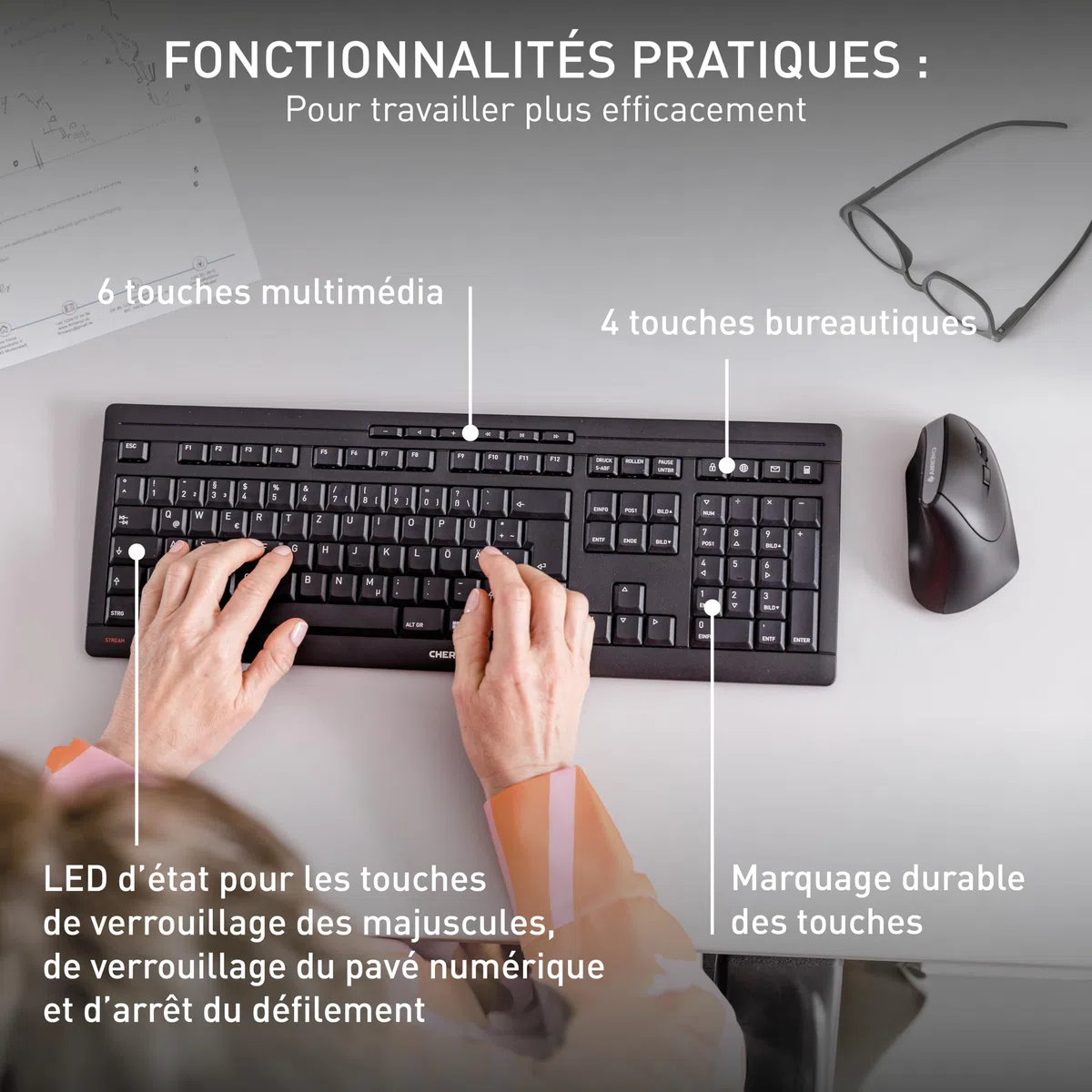CHERRY Stream Keyboard Wireless, Clavier sans Fil, Disposition française (AZERTY), Connexion Radio 2,4 GHz, Touches silencieuses, Design Plat, Alimenté par Batterie, Noir