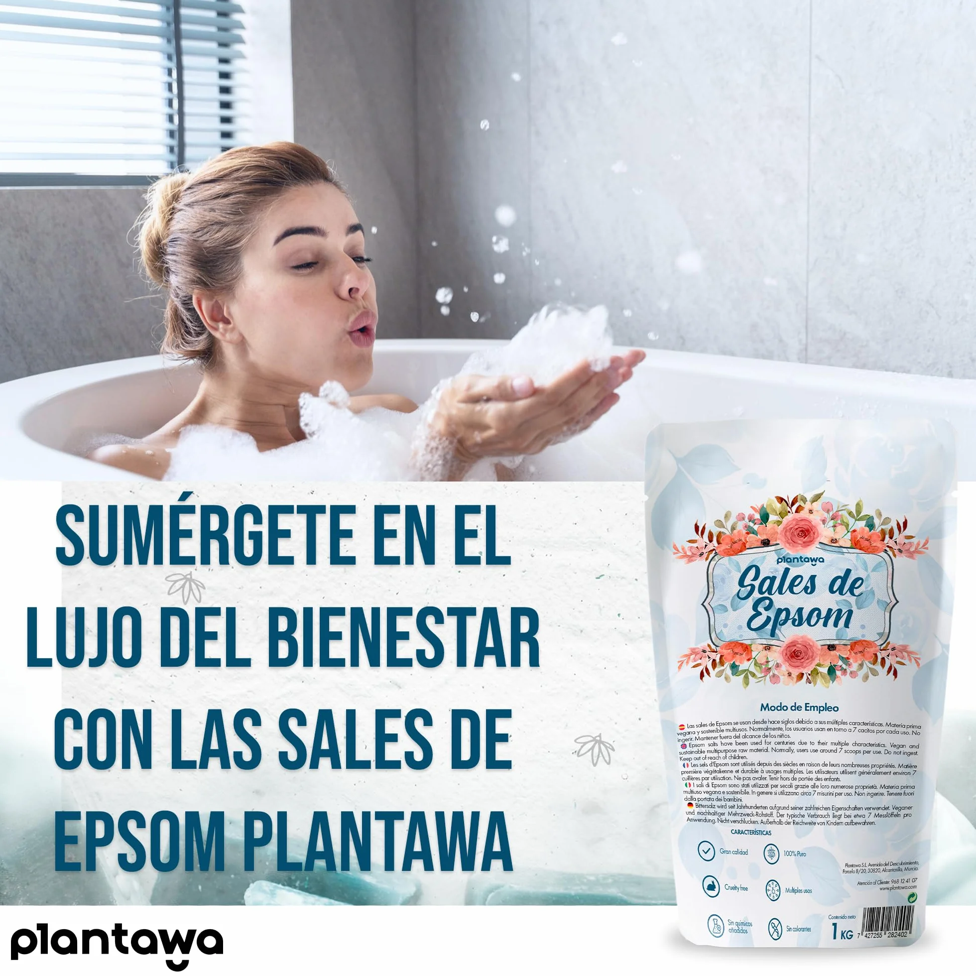 PLANTAWA Sel d'Epsom 1kg | Sulfate de Magnésium Pur, Bain Relaxant et Moussant, Bien-être et Sommeil Réparateur
