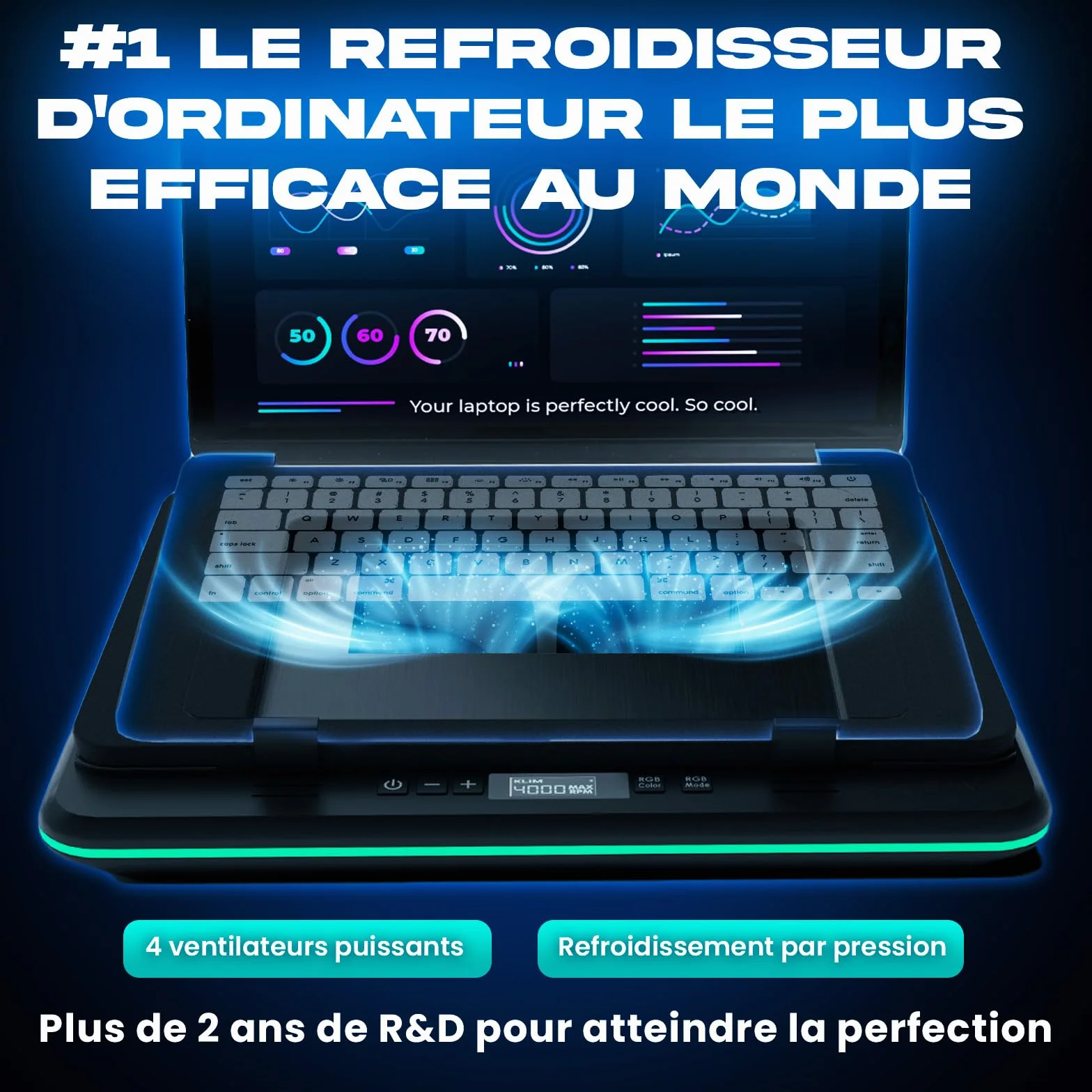 KLIM Turbofrost Refroidisseur PC Portable 4 Turbo Ventilateurs 4000 RPM USB-C/DC RGB Dynamique 4 Ports USB 14-17in Noir