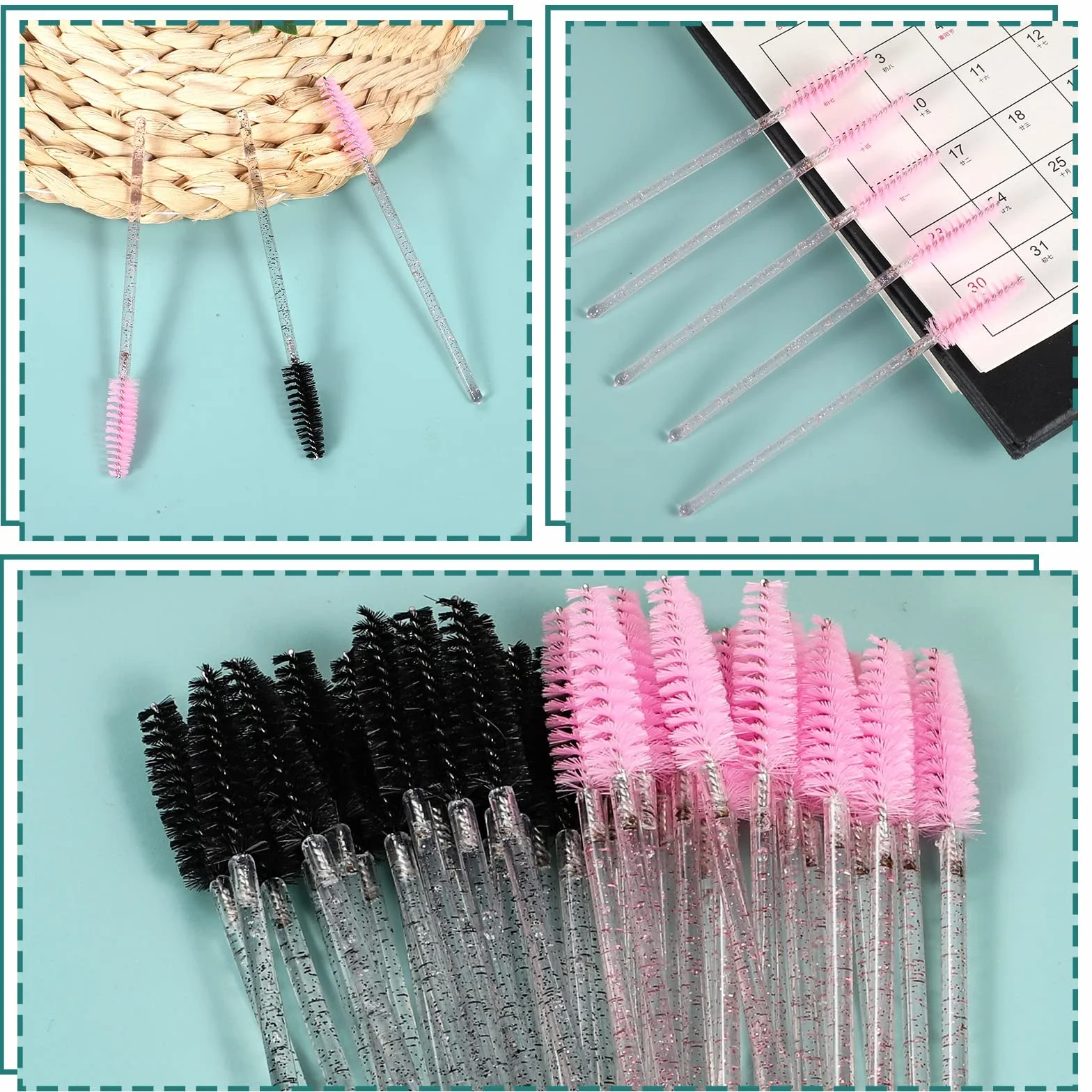 Brosses à Cils Jetables Lot de 100, Goupillon Cils avec Poignée en Cristal, Applicateur Maquillage Cils (Rose, Noir)