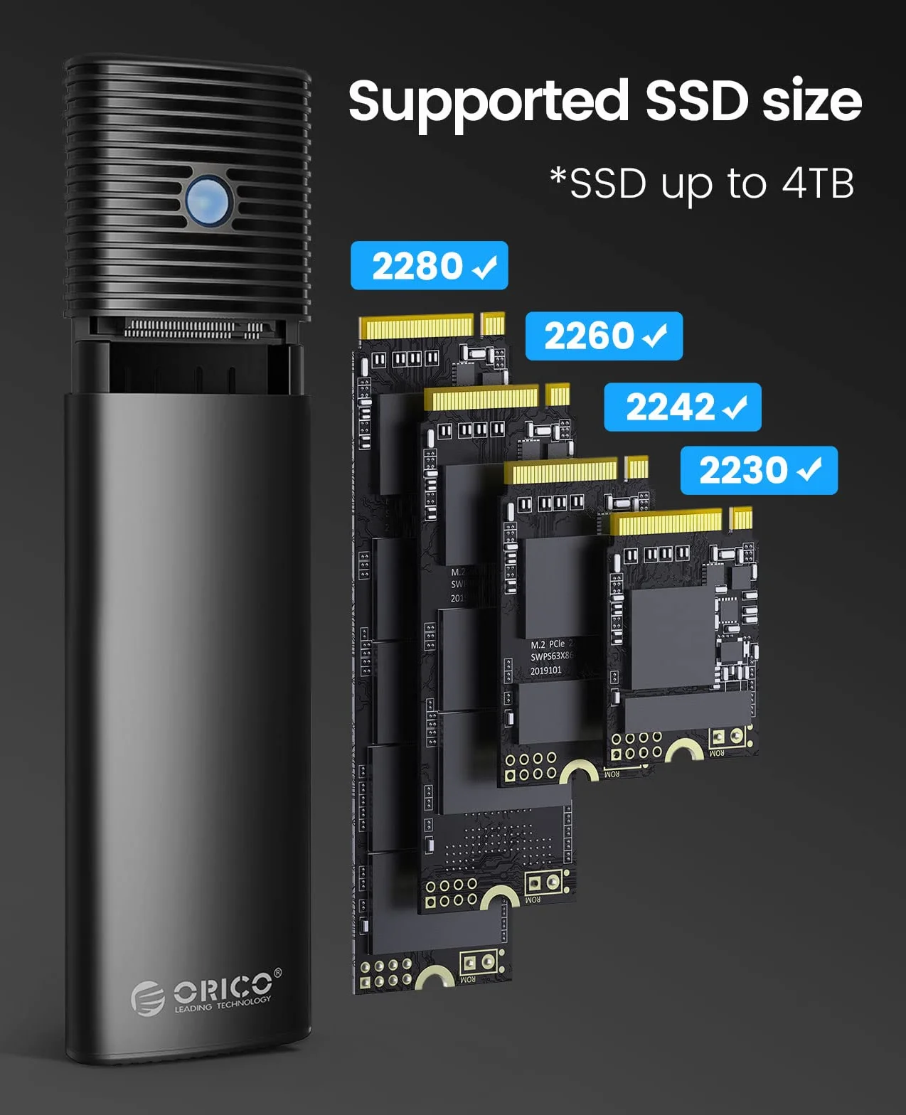 ORICO Boîtier SSD M2 NVMe SATA USB C 3.2 Gen 2 10Gbps 5Gbps NGFF M-Key 2230/2242/2260/2280 Aluminium Externe UASP