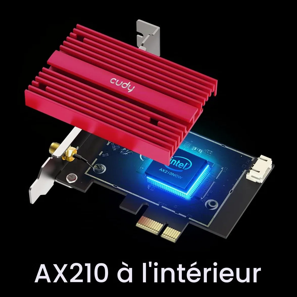 Cudy WE4000 AX5400 WiFi 6E Pcie Bluetooth 5.2 Tri-Bande Adaptateur, Wpa3, Mu-Mimo, Dissipateur Thermique, Support Windows 11/10 | Clé PCI-Express WiFi 6E BT 5.3, 2 402 574 Mbps, 6 GHz, dissipateur thermique, Intel AX210, A2DP/HFP/HSP, BLE classique bimode