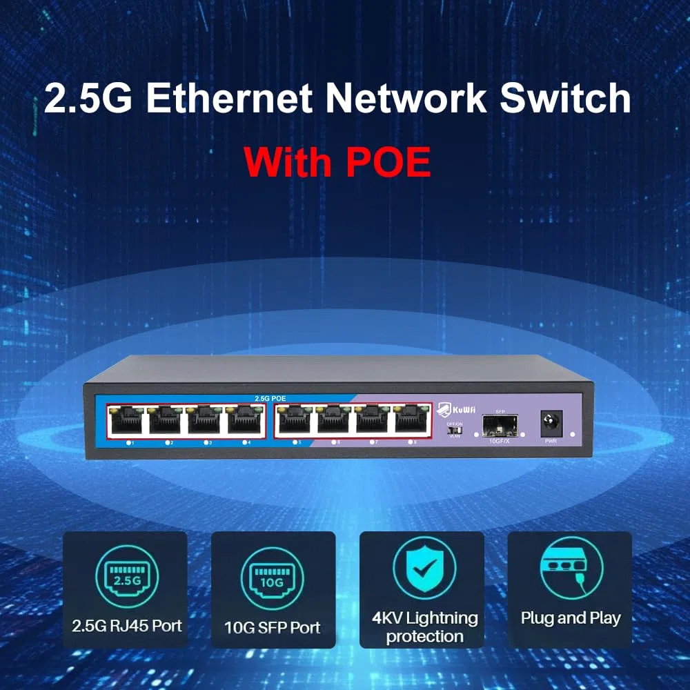 KuWFi HG0801-P 2.5 Gigabit Ethernet Switch 8 Ports PoE, 1 SFP 10G Port, 60Gbps, Plug & Play, Desktop Or Wall Mount, Ideal for WiFi IP/AP Monitoring, Office, School, Hospital