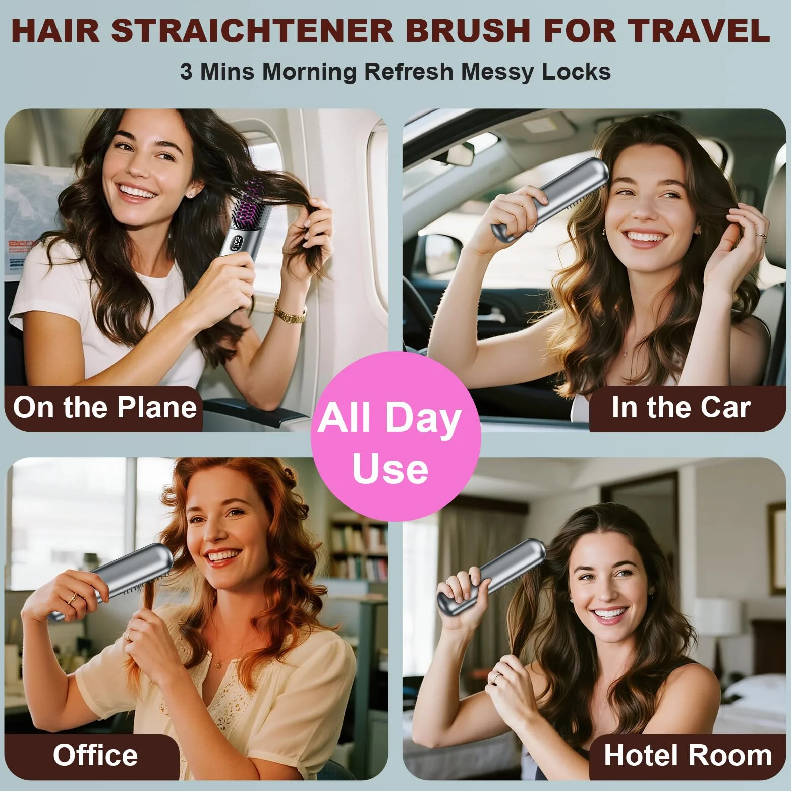 Brosse lissante sans fil rechargeable USB 9600 mAh ion négatif chauffante gris