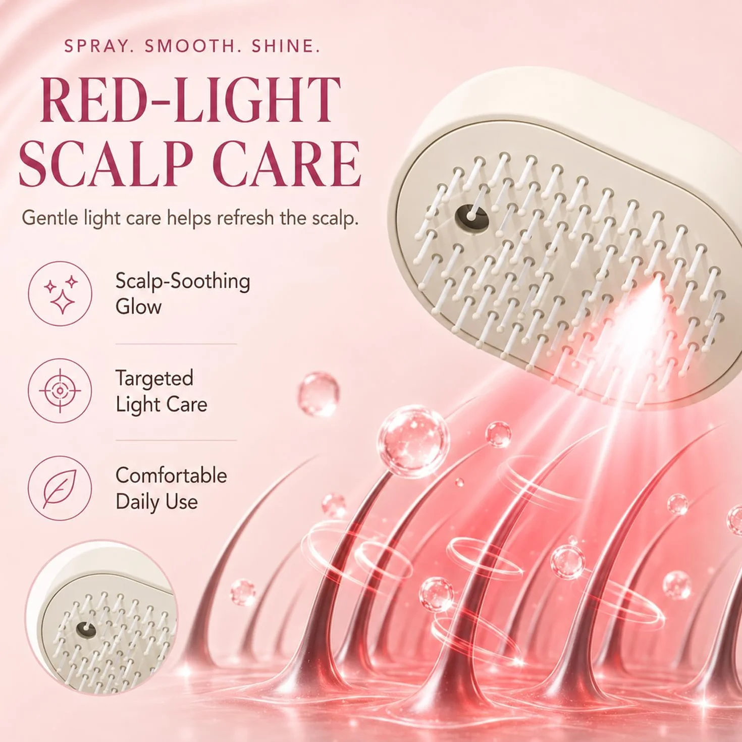 Brosse à vapeur électrique 3 en 1, fer à lisser rechargeable avec spray, peigne démêlant antistatique et massage à coussin d'air (Rose)