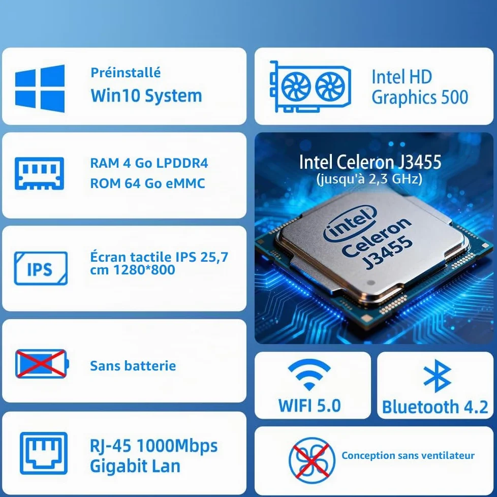 Mini PC Ordinateur Mini Desktop Computer Win 10 Pro J3455, Tablet Ordinateur écran Tactile 10,1 Pouces 4Go Ram, 64Go Rom, Sortie d'affichage 4K HDMI1,4, Rs232, WiFi 5,0, BT4,2
