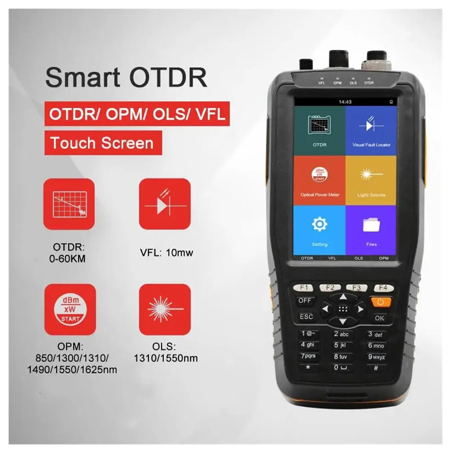 Compteur de puissance de Fiber OTDR 1310 1550 1610NM avec écran tactile de réflectomètre optique de domaine temporel VFL/OPM/OLS(Without Touch Screen)