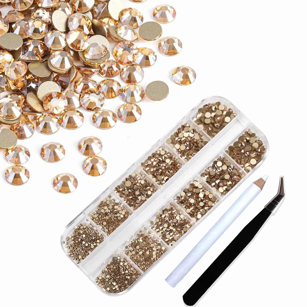 Strass Nail Art 1440 Gems à Dos Plat Rond Cristal 6 Tailles avec Pincette Pick Up Stylo Pointeur Champagne Doré