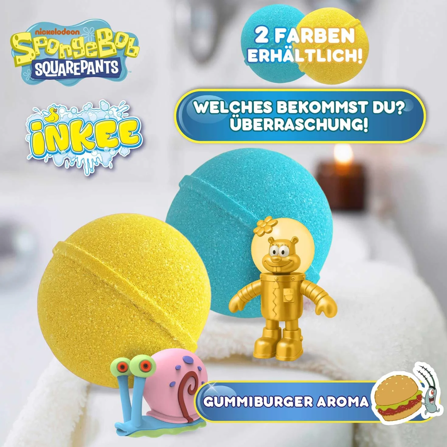 INKEE Bob l'Éponge GOLD EDITION Boule de bain surprise Figurine collection Tatouage enfant Parfum Pastèque 100g
