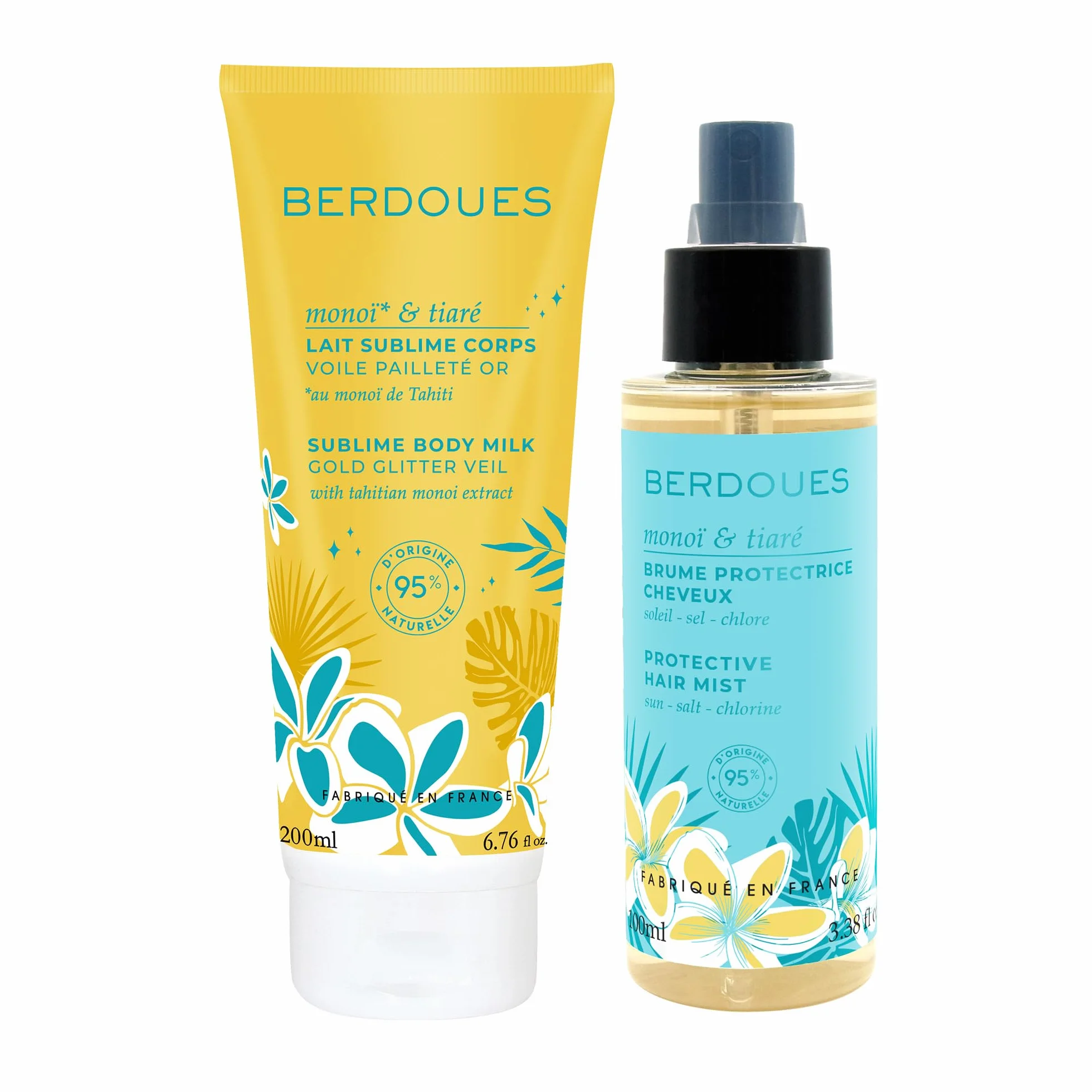 BERDOUES Brume parfumée protectrice cheveux 100 ml Lait corps pailleté 200 ml Parfum Monoï Tiaré femme 95% naturelle Vegan Made in France