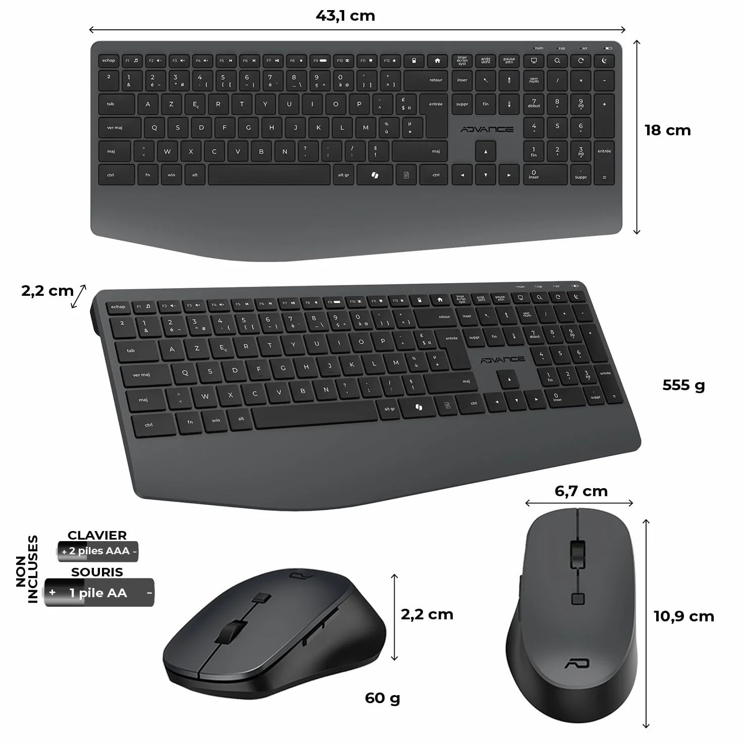 Ensemble Clavier Souris sans Fil Silencieux AD ADVANCE X-Type, AZERTY, 1600 DPI, 112 Touches, Noir