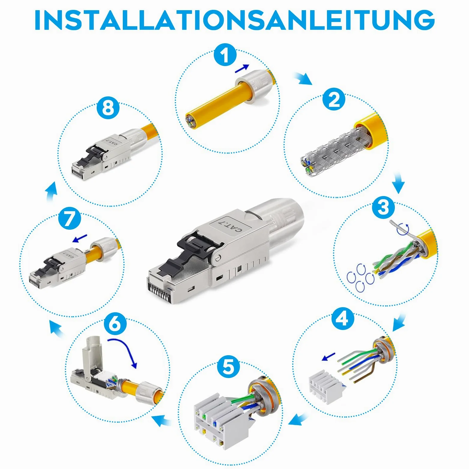 Lot de 12 fiches RJ45 Cat 7 NS-7 vers borne de coupe (LSA), contacts plaqués or, fiches réseau Cat7 sans outil, connecteur LAN 10 Gbit/s pour câble patch