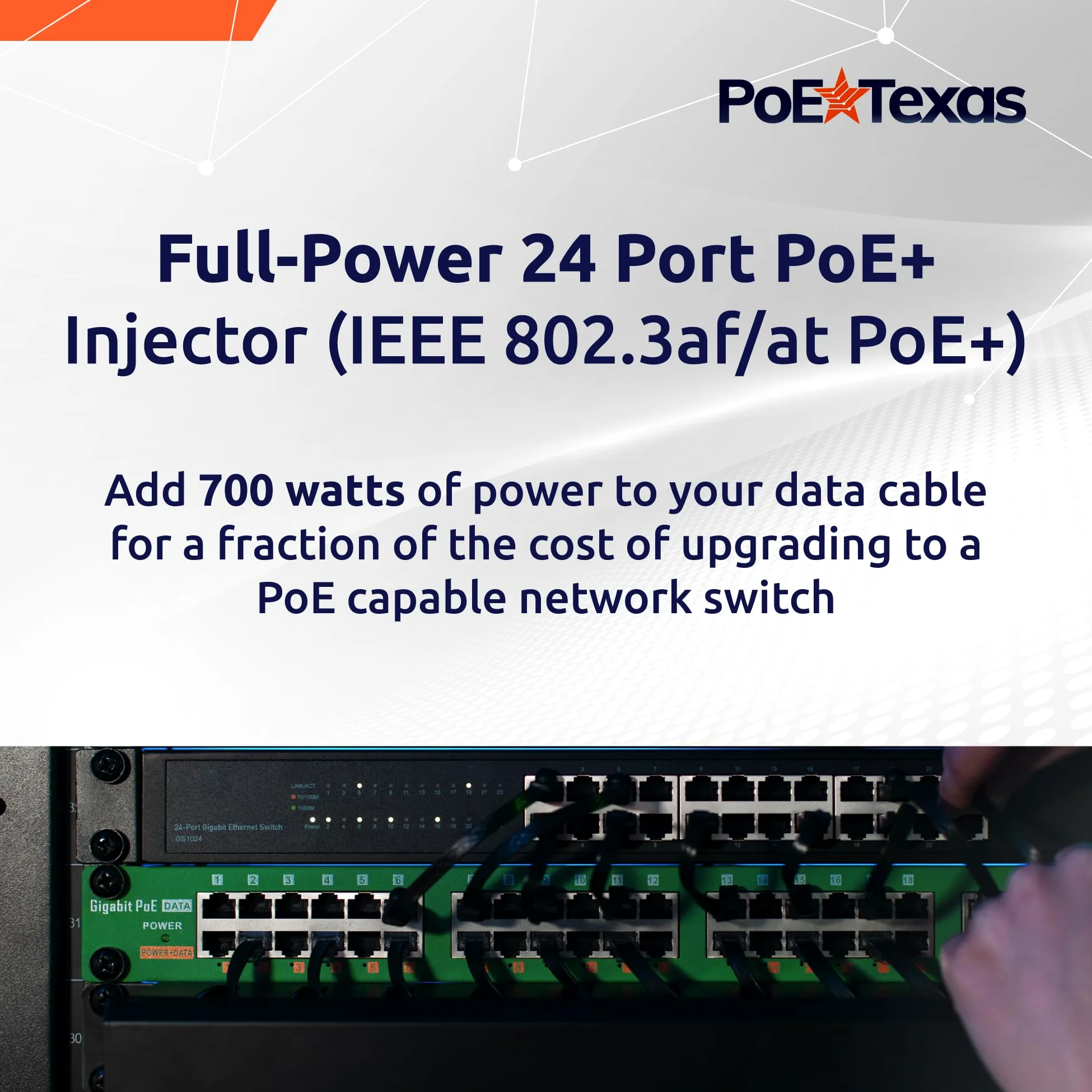 PoE Texas Injecteur PoE+ IEEE 802.3at à 24 ports - Obtenez un PoE+ complet sur chaque port - Puissance totale de 700 W - Taux de données 10/100/1000 Gigabit - Injecteur PoE+ actif pour points d'accès
