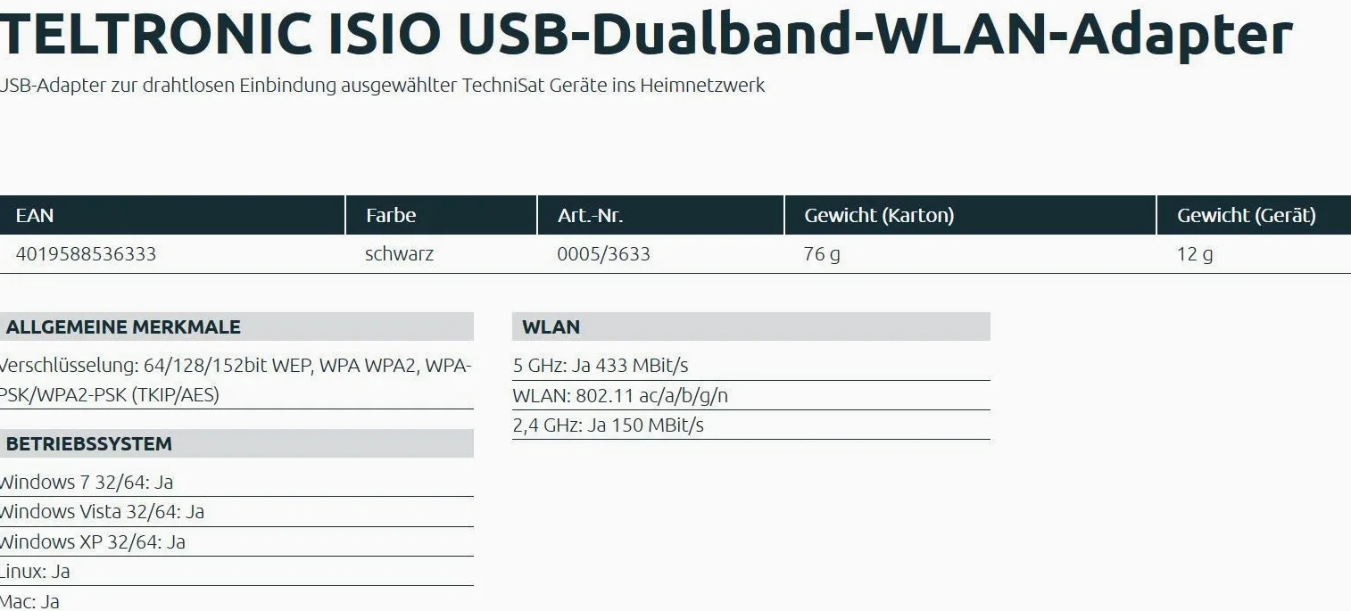 TechniSat TELTRONIC ISIO Adaptateur Wi-FI USB Double Bande (clé pour l'intégration sans Fil de Certains appareils TechniSat ISIO dans Le réseau Domestique) Noir