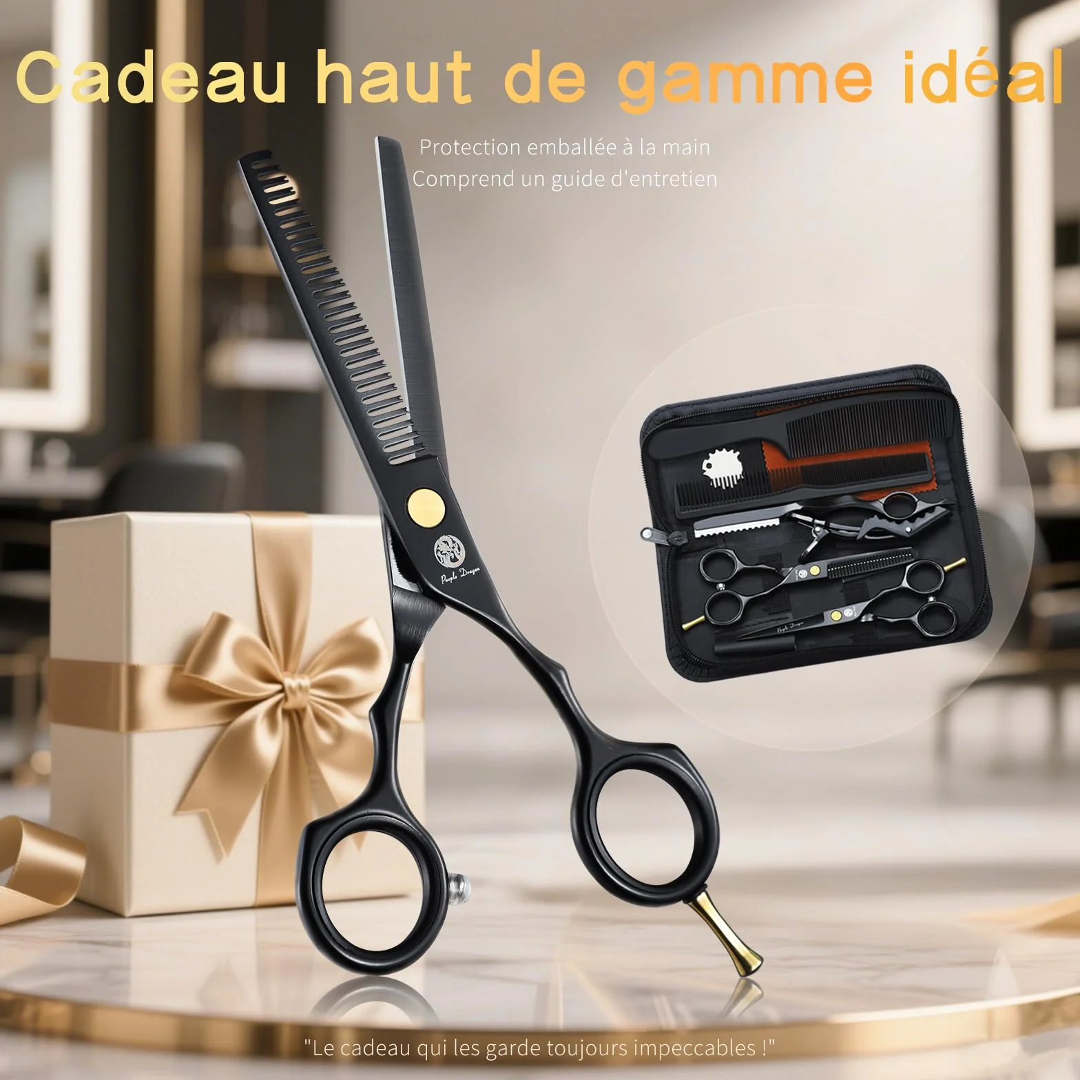 Kit de Ciseaux de Coiffure Professionnel 5,5 pouces Inox Rasoir Acier Coupe Frange Barbe