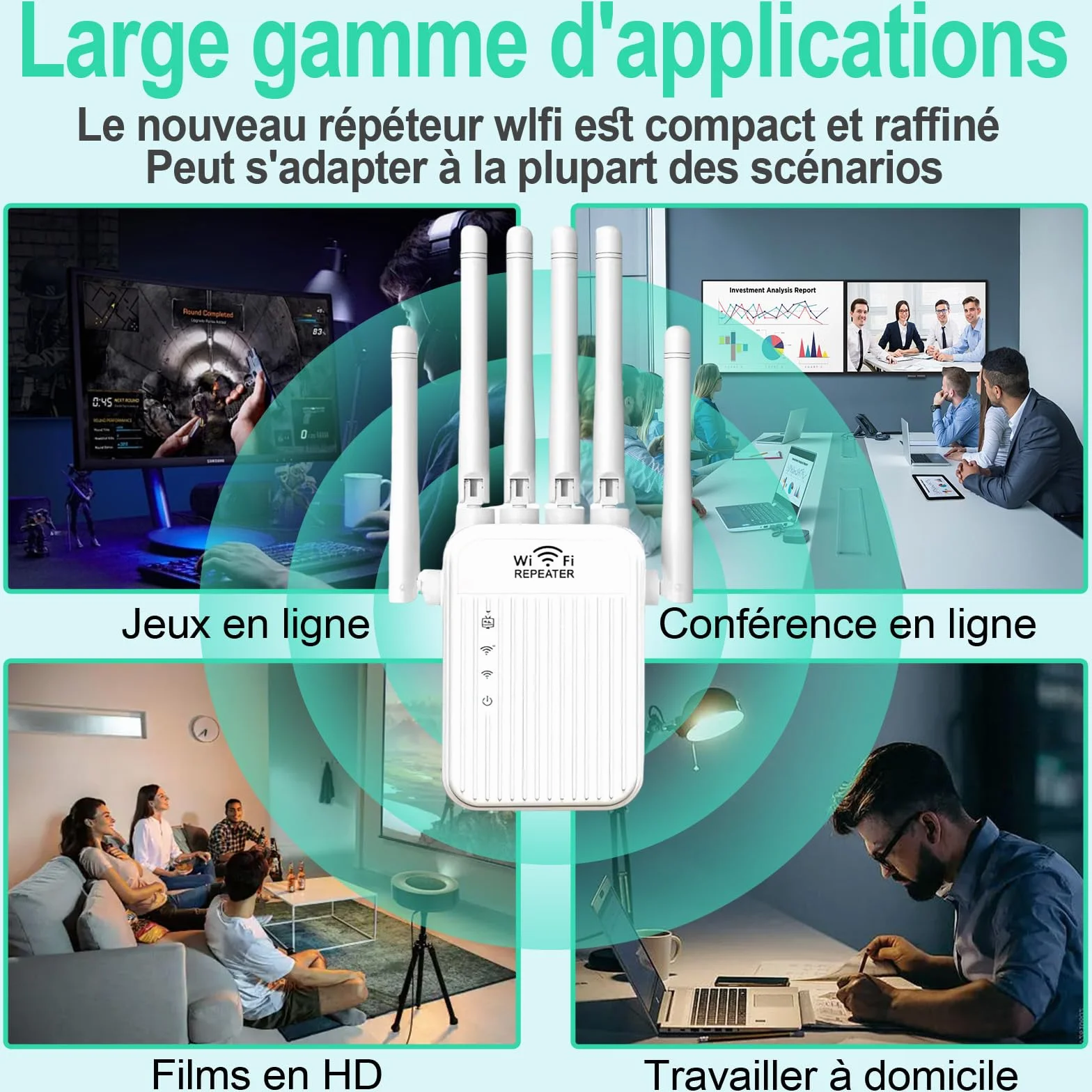 Répéteur WiFi 5G 2.4G Amplificateur de Signal 6 Antennes 1000 m² 2 Ports RJ45 LAN Mode Répéteur Routeur AP